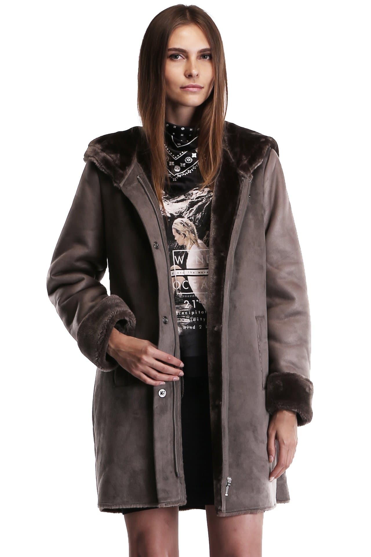 Ovonzo Women's Faux Suede Leather Zipper Snap Button Coat with Hood