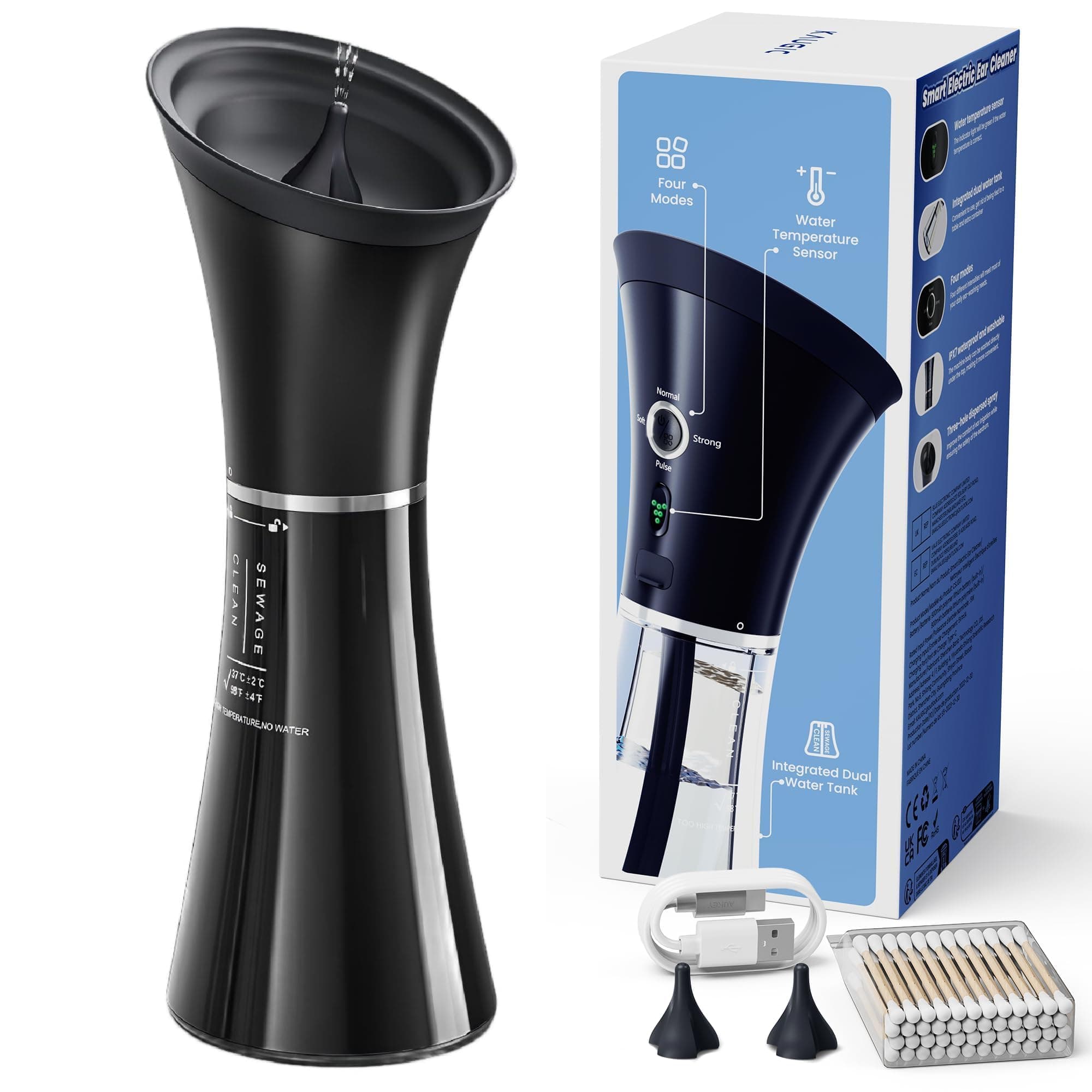 Upgraded Ear Wax Removal with One-Piece Waste Tank, Safe Cleaner with Water Temperature Sensor, Effective Ear Irrigation Kit, IPX7, FSA-HSA-Eligible, Black