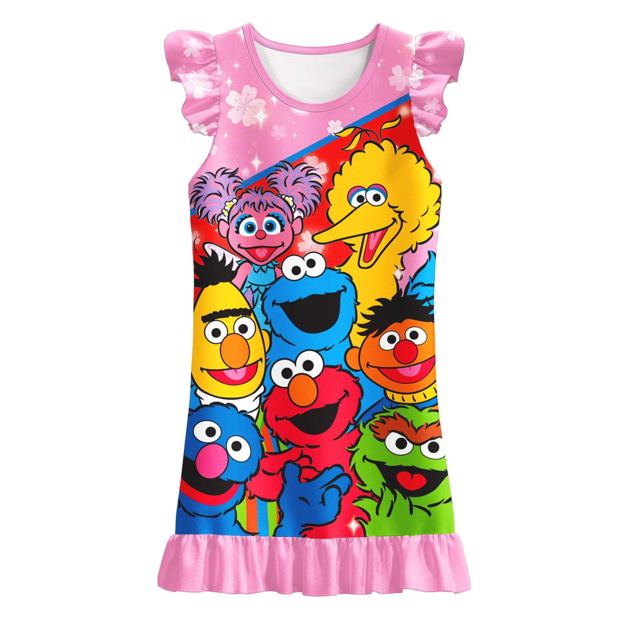 Brigcalki Sesame Street Girls Toddler Nightdress Girls Nighties Pjs Princess Pyjamas Flutter Sleeve Nightgown Nightwear for Kids 2-12 Y