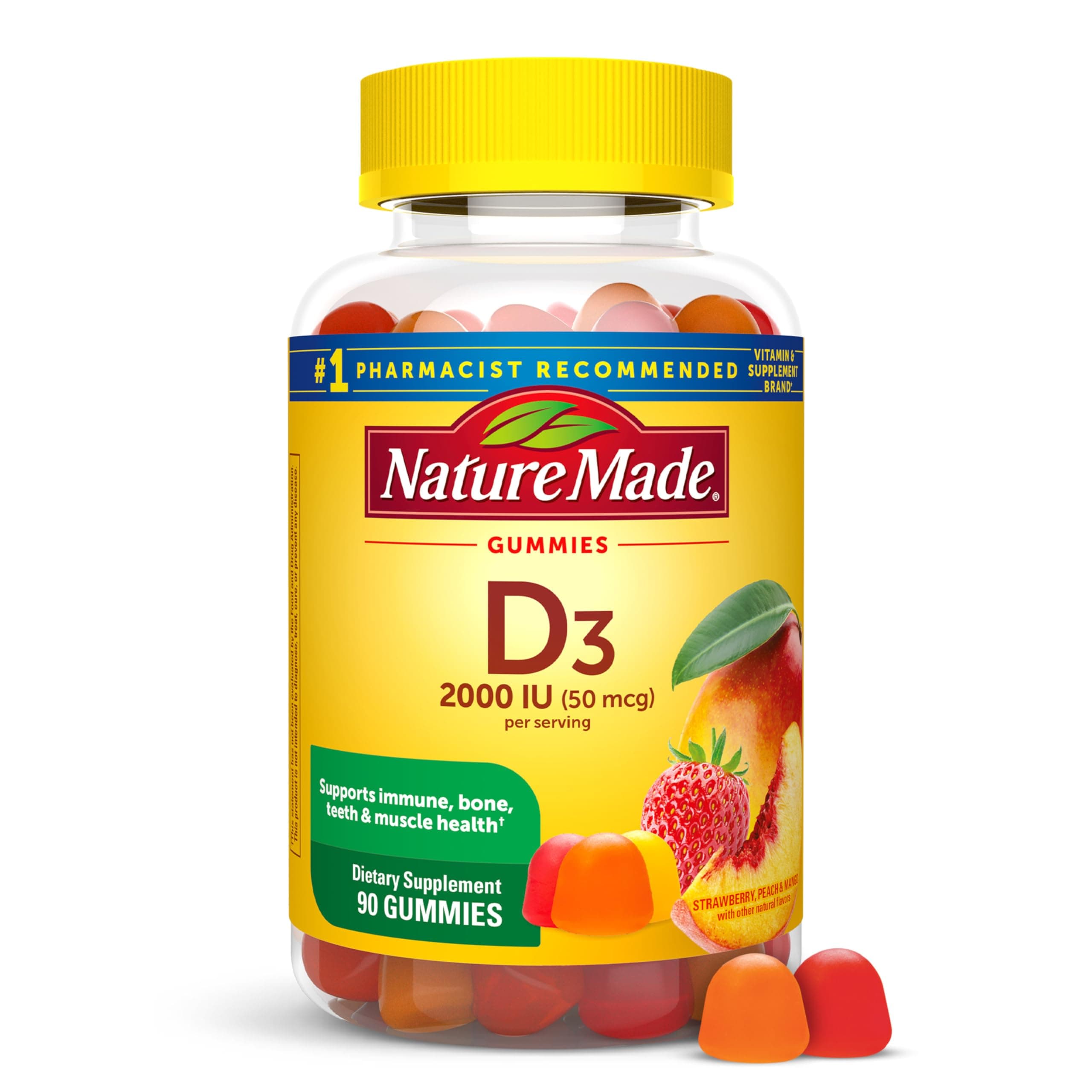 Nature Made Vitamin D3 2000 IU Per Serving Gummies, Bone, Teeth, Muscle and Immune Health Support, 45 Day Supply, 90 Vitamin D Gummies for Adults