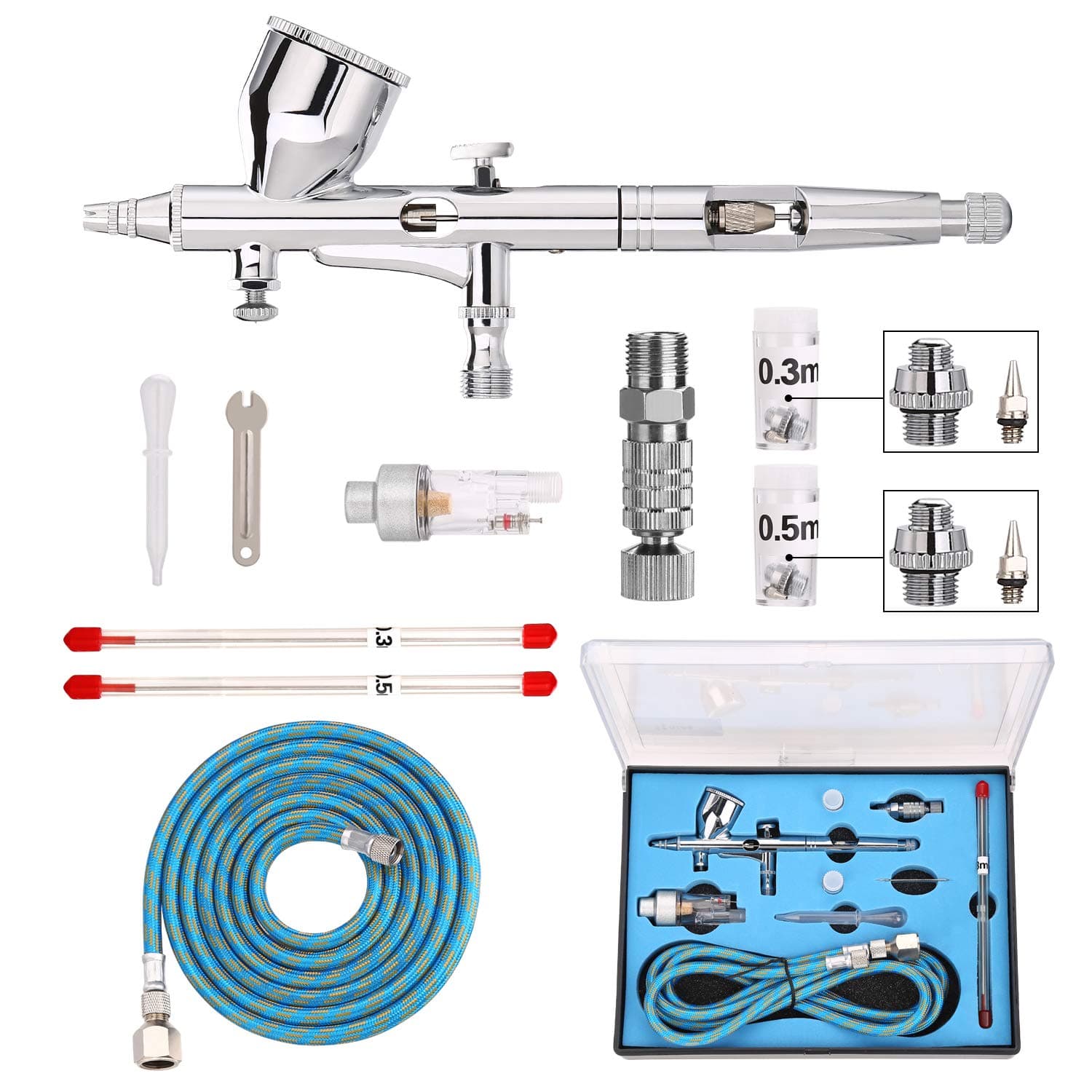Airbrush, AGPtEK Double Action Airbrush Kit AirBrush Spray Gun with 0.2/0.3/0.5mm Needles and Air Hose Copper Material for Tattoo, Cake Decorating, Craft Tools, Makeup, Painting and Nail Art