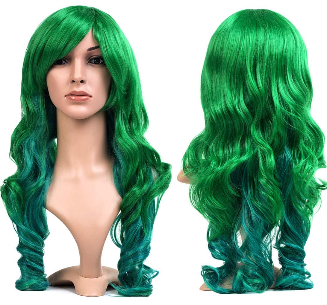 ANESHE27.5" Women's Green Wig Long Curly Harajuku Lolita Style Cosplay Wigs Heat Resistant Fiber Wigs (Dark Green)