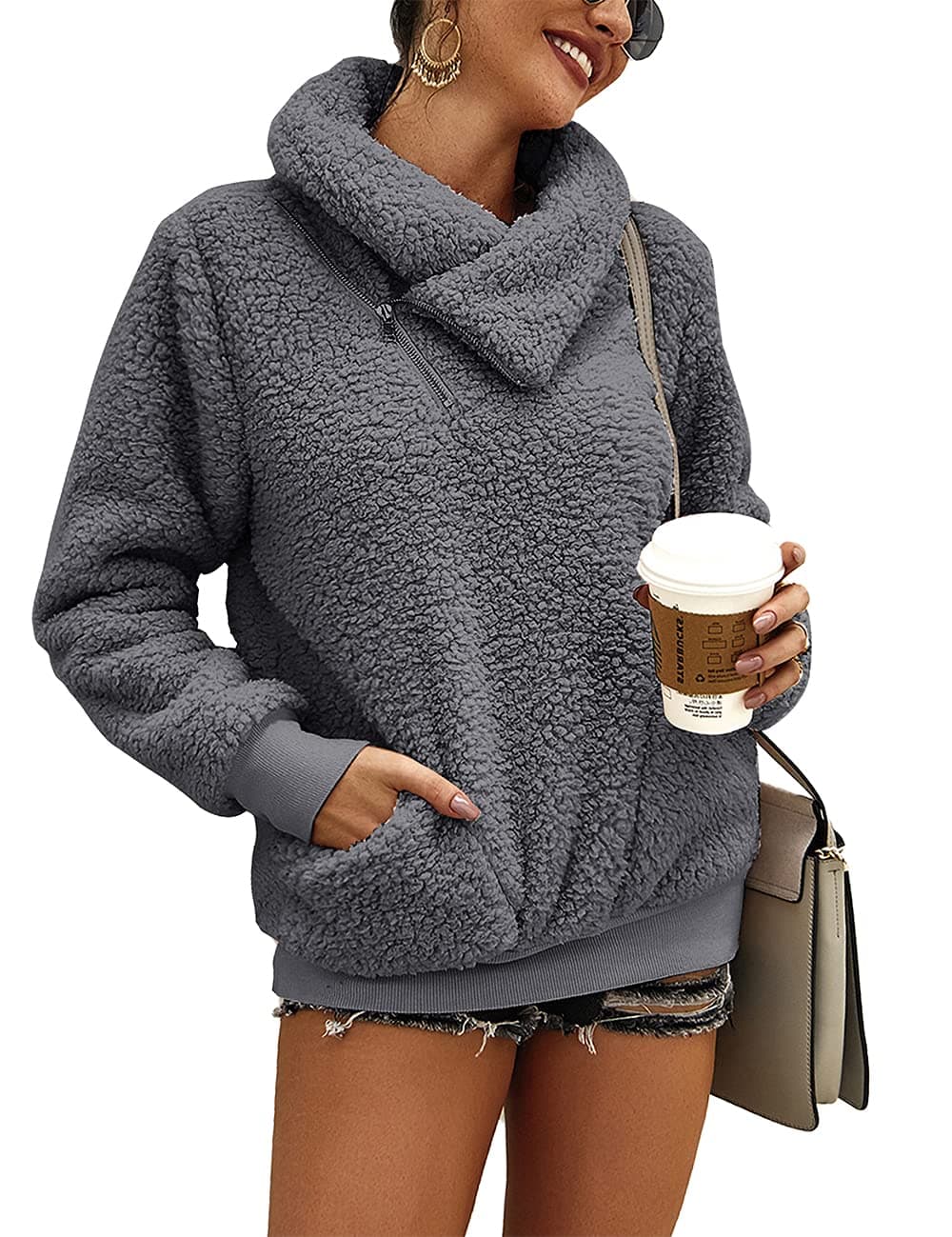 KIRUNDO Women's 2024 Winter Lapel Fuzzy Fleece Sweatshirt Faux Shearling Zipper Warm Sherpa Pullover Outwear With Pockets