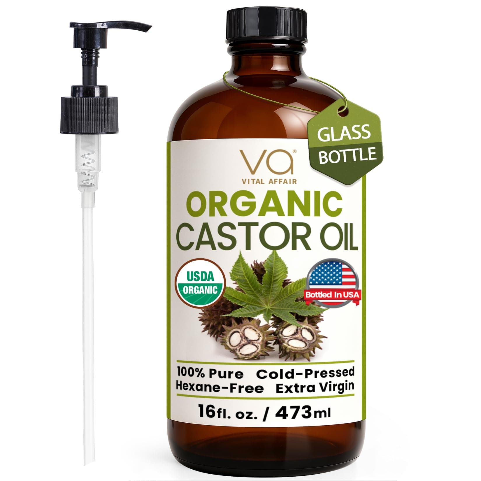 VITAL AFFAIR Pure Castor Oil Organic Cold Pressed Unrefined Glass Bottle-USDA Certified for Castor Oil Pack Wrap for Face,Hair Growth,Eyelashes,Eyebrows-16oz