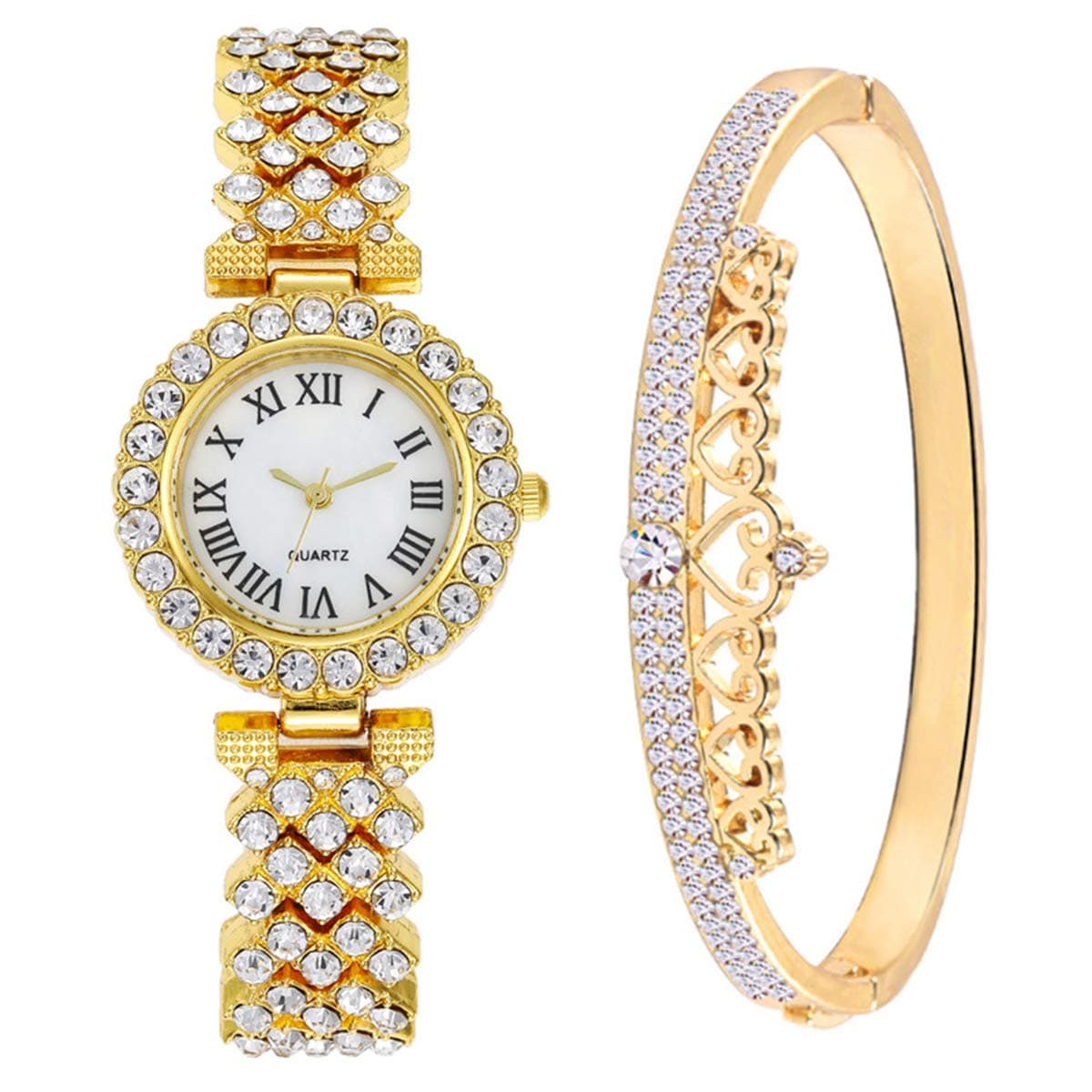 Women Watches Diamond Luxury Quartz Watch Ladies Wristwatches with Crown Bangle Set Gifts