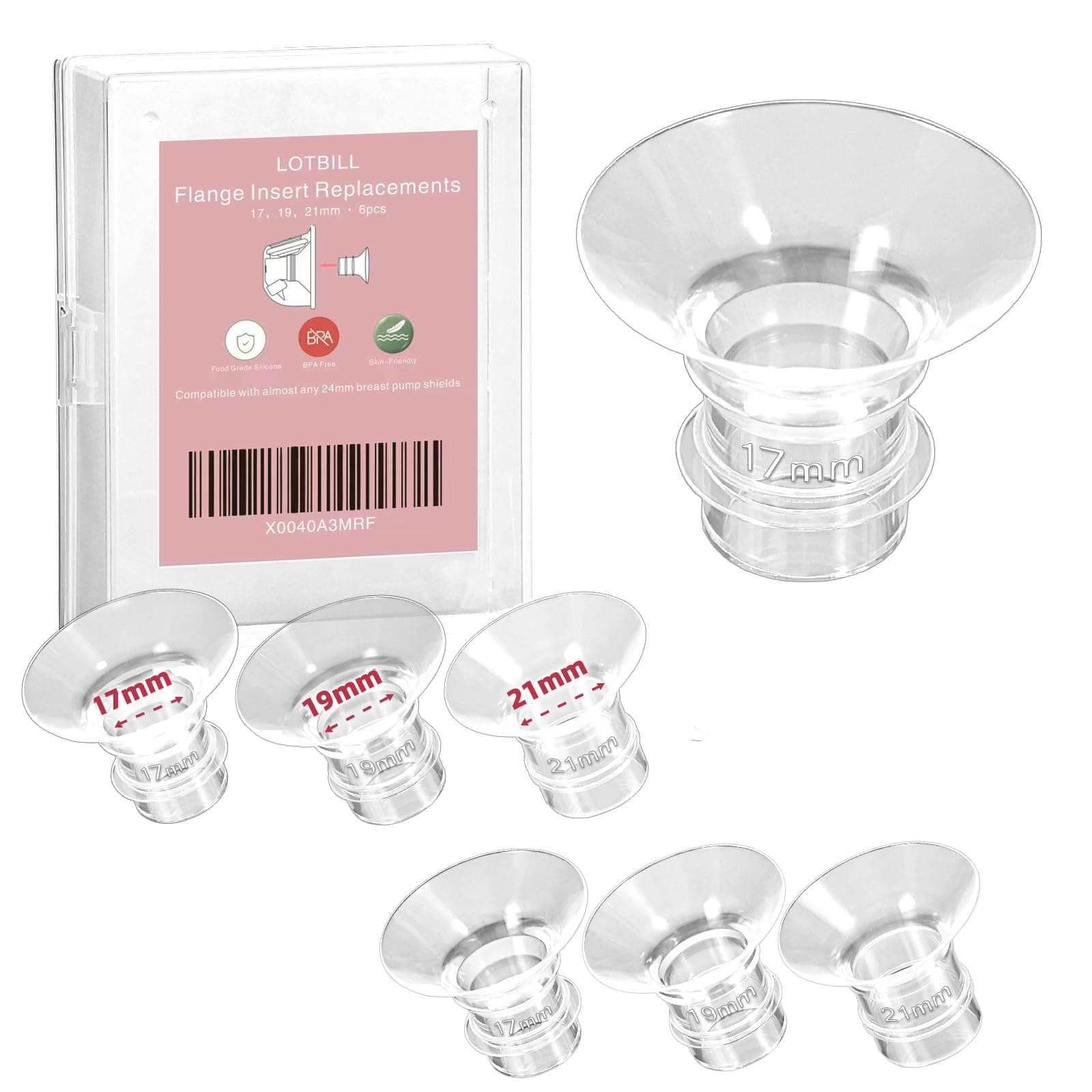 LOTBILL Flange Insert 17/19/21mm 6PCS Compatible with Medela/Spectra/Momcozy S9/S9pro/S10/S12/S12pro etc Breast Pump 24mm Flange/Shield, Reduce Tunnel Down to Correct Size