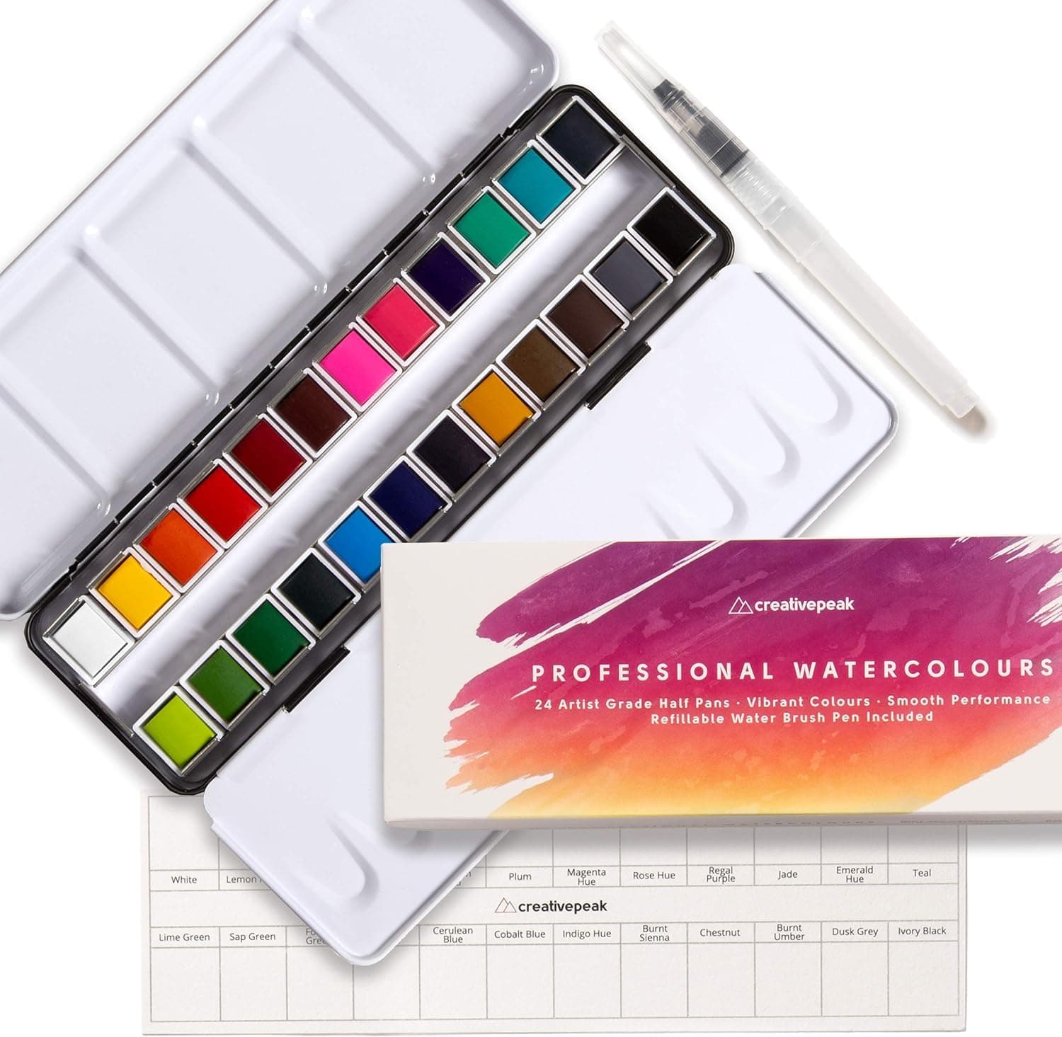 Creativepeak - Watercolour Paint Set - 24 Vibrant Watercolours with Blending Brush & Swatch Card - Portable Travel Tin & Mixing Palette for Artists - Professional Art Supplies