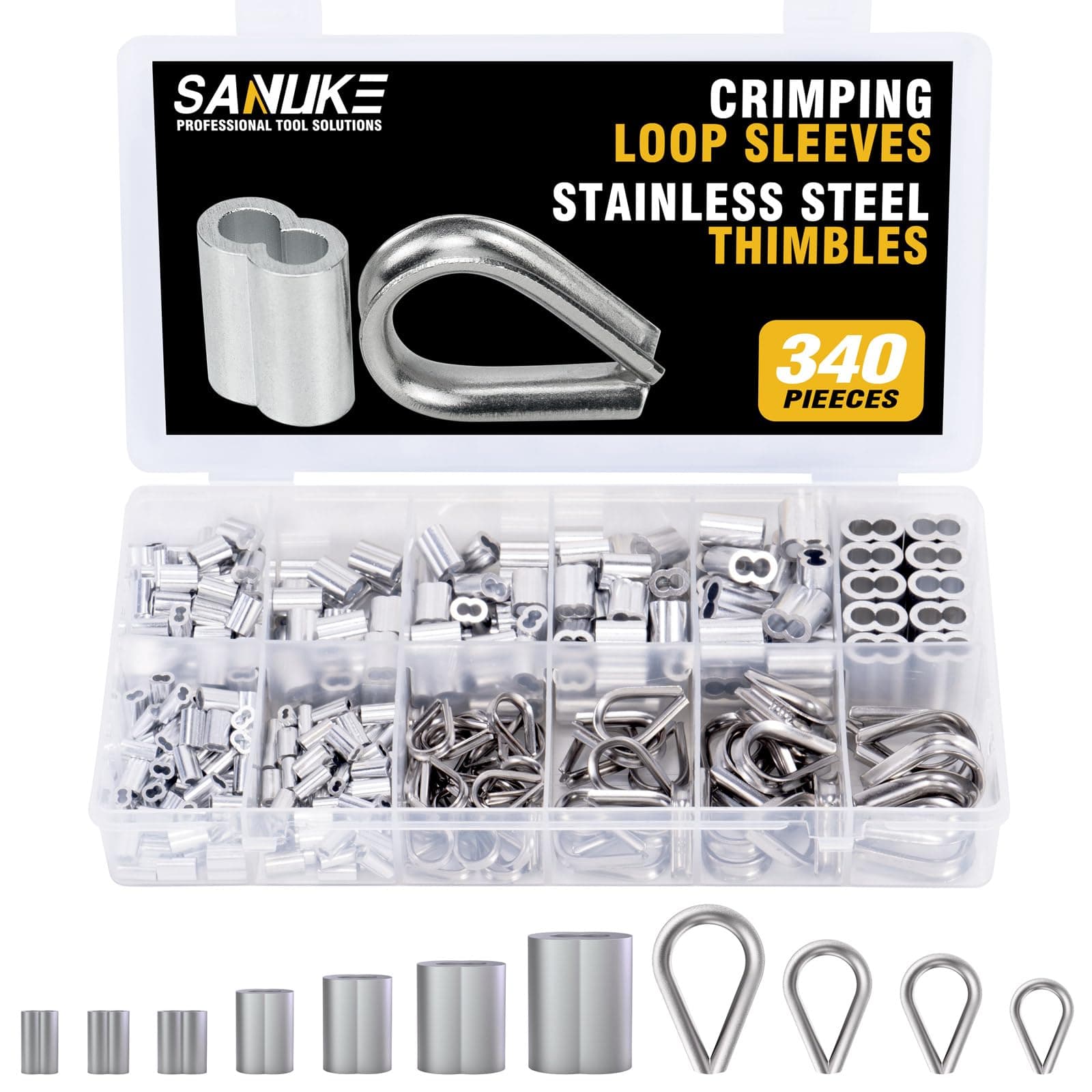 Sanuke 340PCS Stainless Steel Wire Rope Cable Thimbles Aluminum Crimping Loop Sleeve 3/64'' 1/16'' 5/64'' 3/32'' 3/16'' for Wire Rope Cable Thimbles Rigging