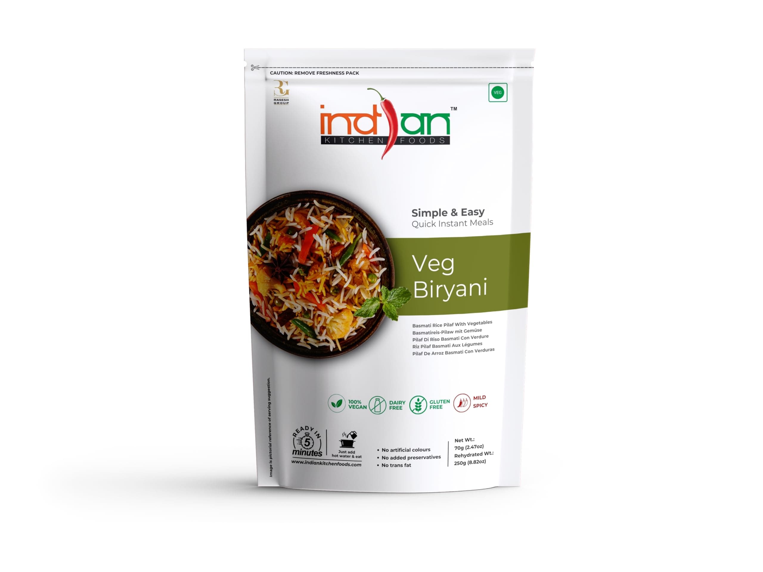 Indian Kitchen Foods Instant Jain Veg Biryani, Ready to Eat Foods, Freeze Dried Ready to Cook Meals, Instant Food, Indian Food Products (70gm)