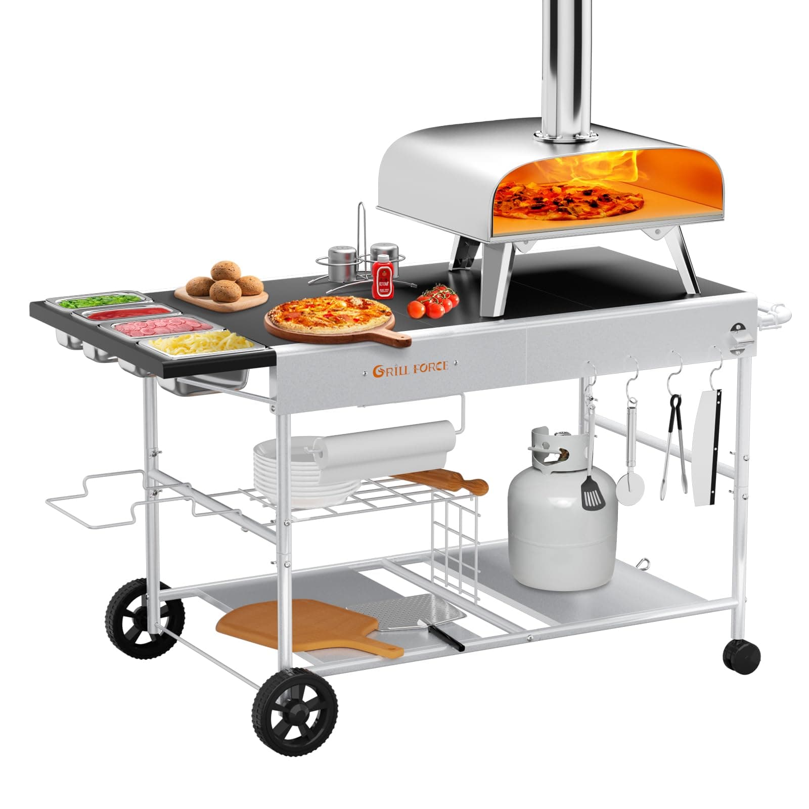 Pizza Oven Table with Topping Station, Outdoor Pizza Oven Cart, Grill Table for Outside, Grill Cart, Food Prep Work cart Fits for Ninja Woodfire Grill, Blackstone Griddle,Tabletop Grill