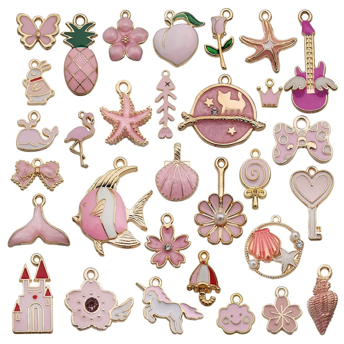 Palay 31Pcs Diy Jewelry Making Pendent Kit Assorted Lovely Enamel Charms Pendents Gold Plated Diy Charm Necklace Bracelets Pendent Kit For Bracelet Jewelry Making And Crafting, Pink