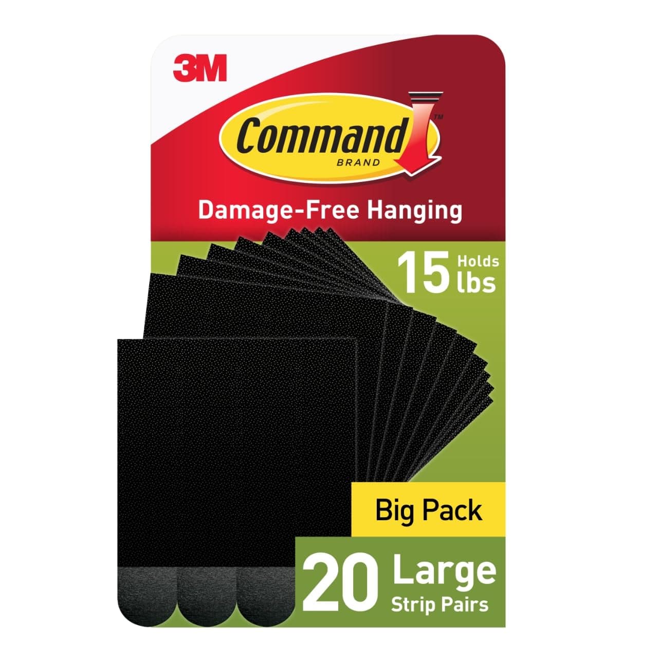 Command Large Picture Hanging Strips, Damage Free Hanging Picture Hangers, No Tools Wall Hanging Strips for Christmas Decorations, 20 Black Adhesive Strip Pairs (40 Strips)