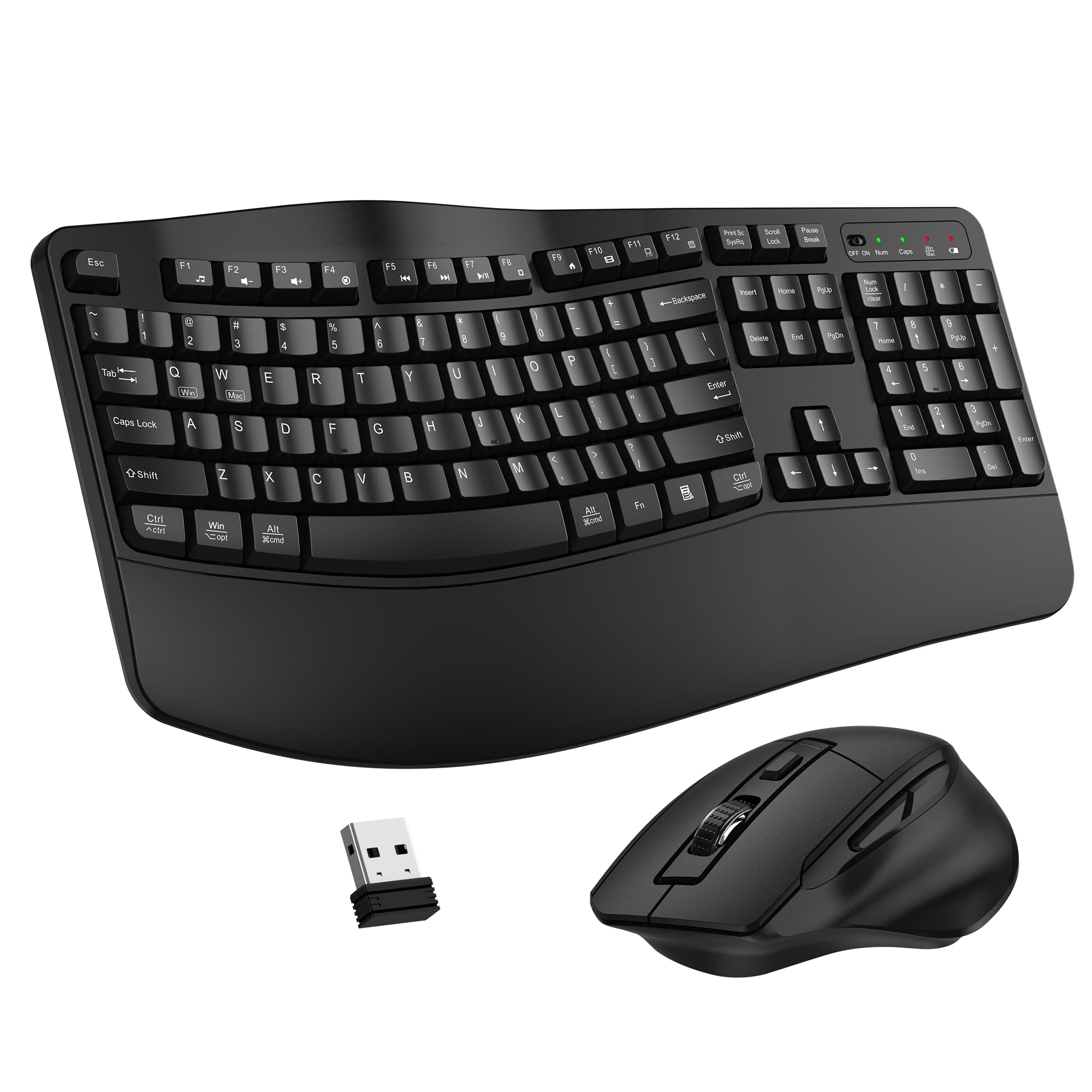 Wireless Keyboard and Mouse Combo, 2.4G Full Size Wave Keys Ergonomic Keyboard with Wrist Rest and 3-Level DPI Adjustable Wireless Ergonomic Mouse for Windows, Mac OS Desktop/Laptop/PC(Black)