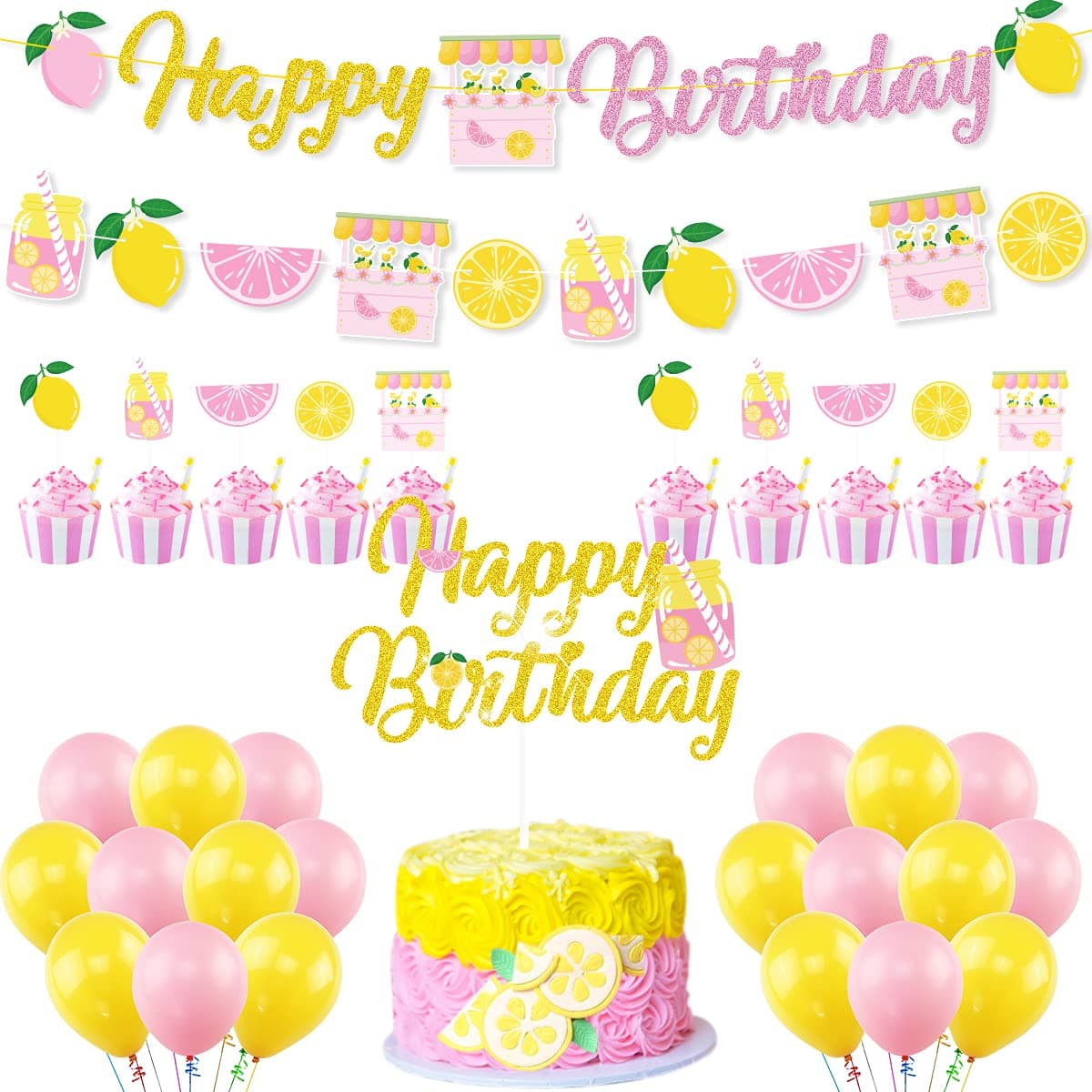 Lemon Party Decorations Lemonade Theme Party Supplies, Happy Birthday Banner, Lemonade Cake Topper, Pink Yellow Latex Balloons for Summer Lemonade Birthday Party