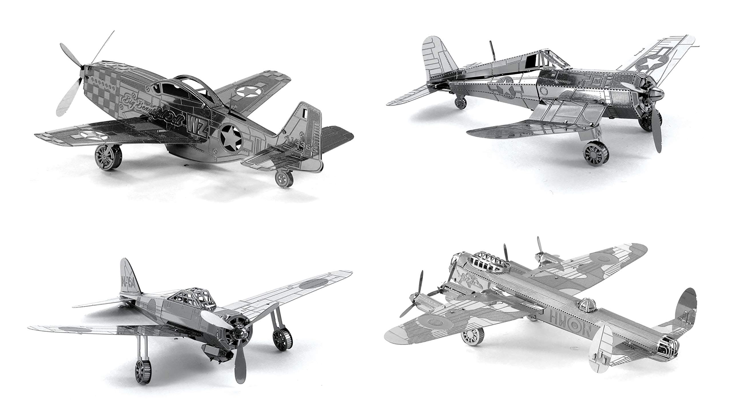 Set of 4 Metal Earth 3D Laser Cut Plane Models: Avro Lancaster Bomber, Mitsubishi Zero, F4U Corsair, & P-51 Mustang