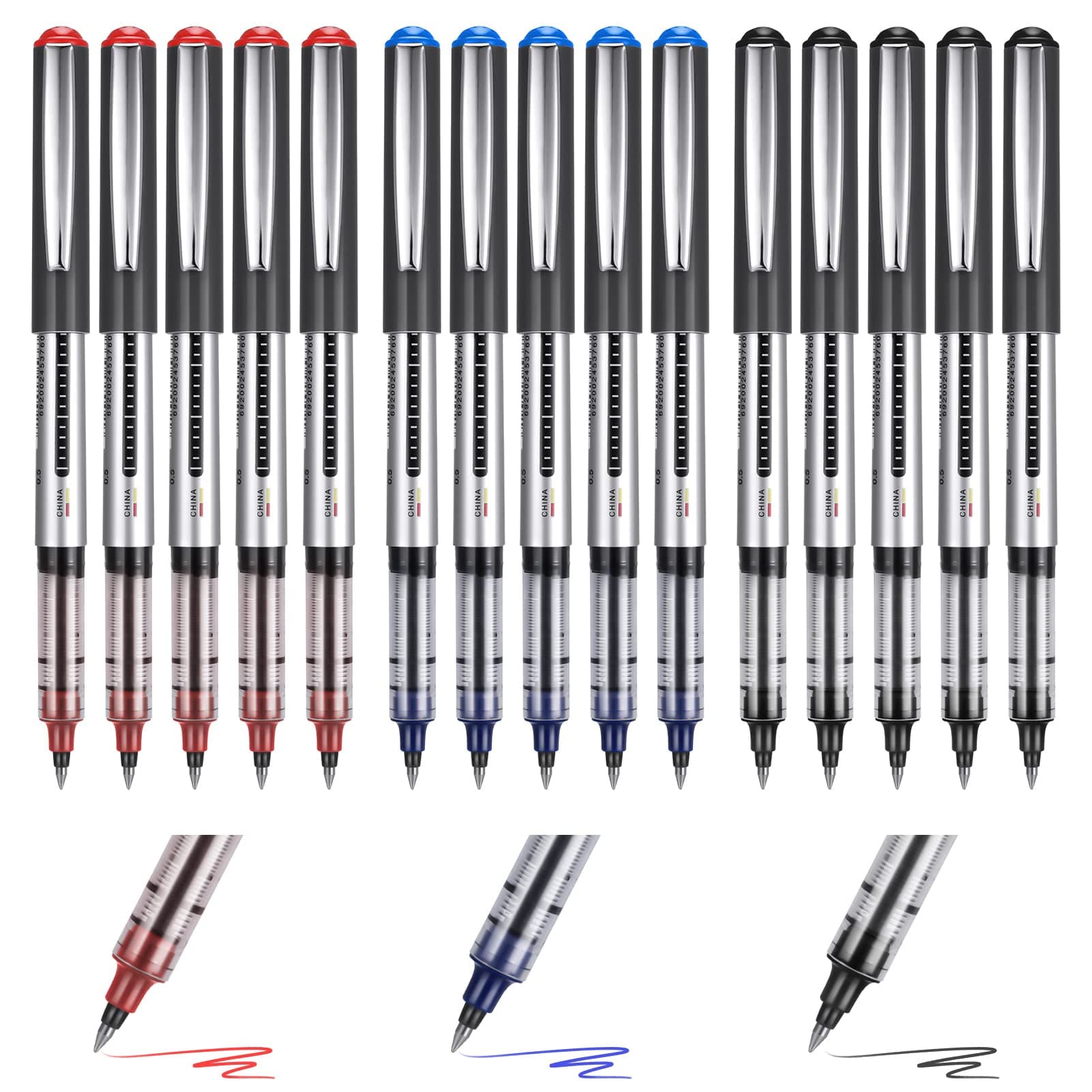 – 15 Pack Rollerball Pens,0.5mm Liquid Ink Rollerball Pens,Quick-Drying Ballpoint Pens Writing Pens Multipack for Writing,Journaling,Notes Taking School Office Supplies(Black, Blue, Red)