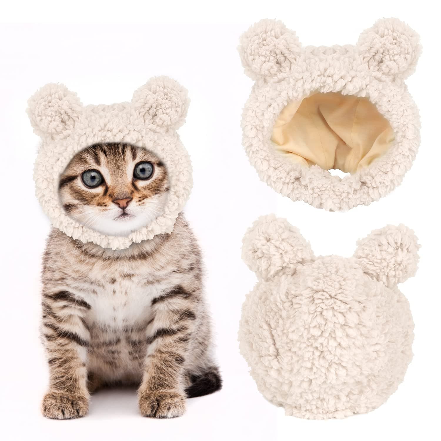 Cute Cat Costume - Warm Bear Hat for Small Pets, Adjustable Soft Headwear for Cats & Puppies