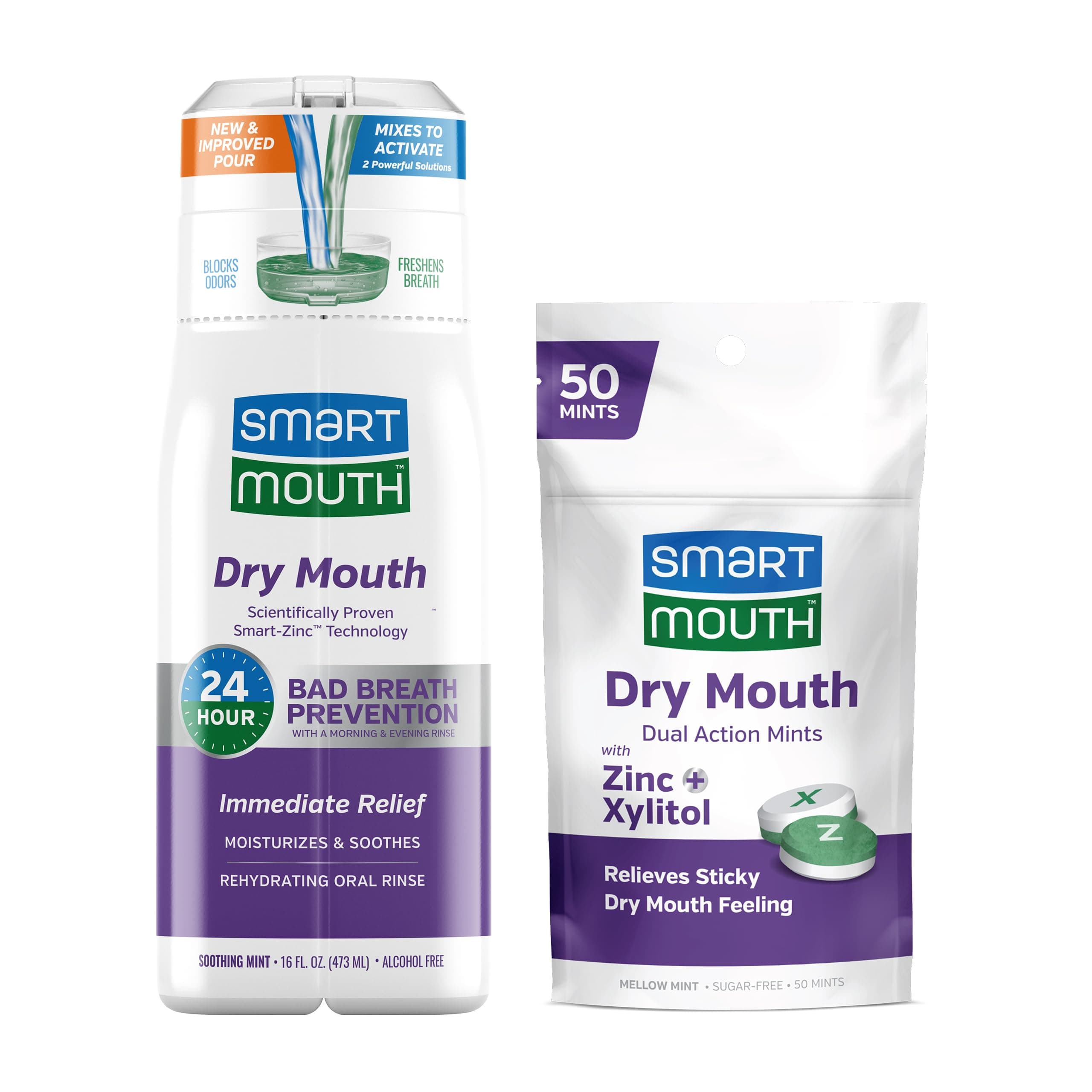 SmartMouth Package with Dry Mouth Activated Mouthwash - 16 Fl Oz, Soothing Mint & Dry Mouth Dual-Action Mints - 50 Count, Mellow Mint