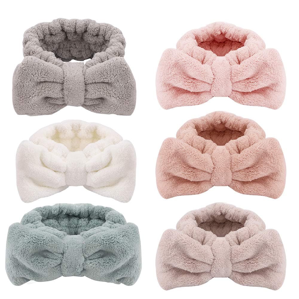 6 Pack Bowtie Headbands Microfiber Makeup Headbands Cosmetic Headbands Bowknot Elastic Hair Band for Wash Spa Yoga Sports Shower Beauty Facial Skincare Makeup for Girls and Women (A)