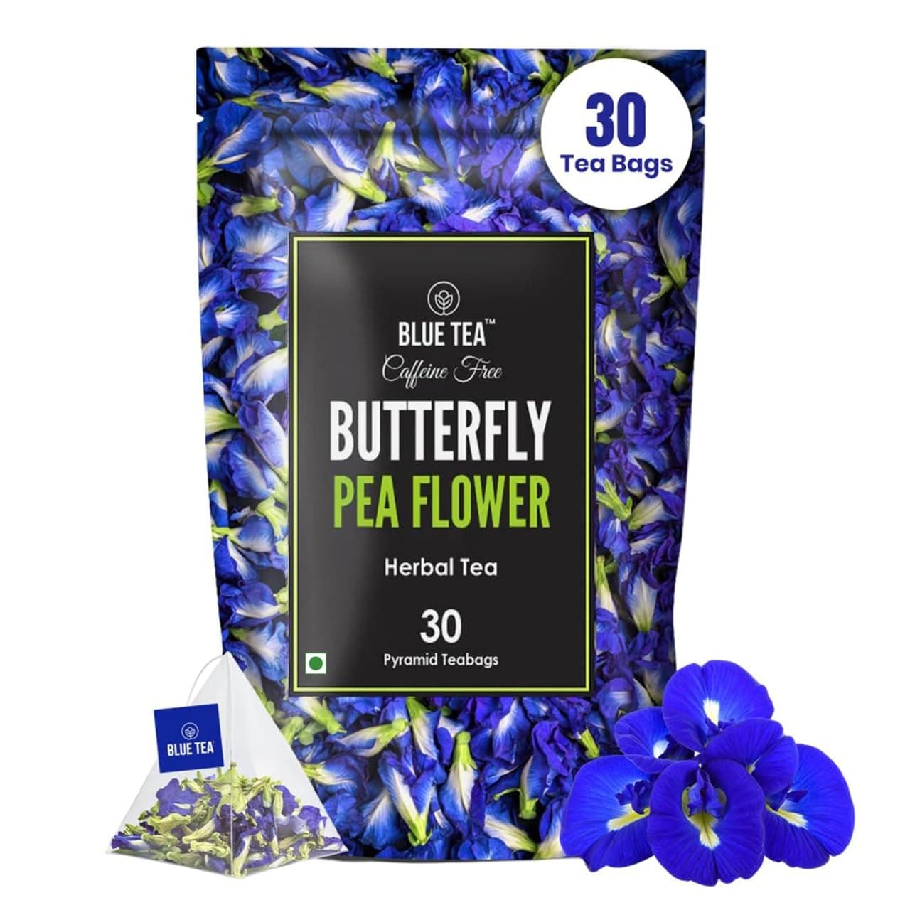 BLUE TEA - Butterfly Pea Flower Tea - 30 Tea Bags - Plant Based | SUPER ANTIOXIDANT | Aparajita - Shankhpushpi | Flower Based - Herbal Tea - Caffeine Free - Detox Tea | Zipper