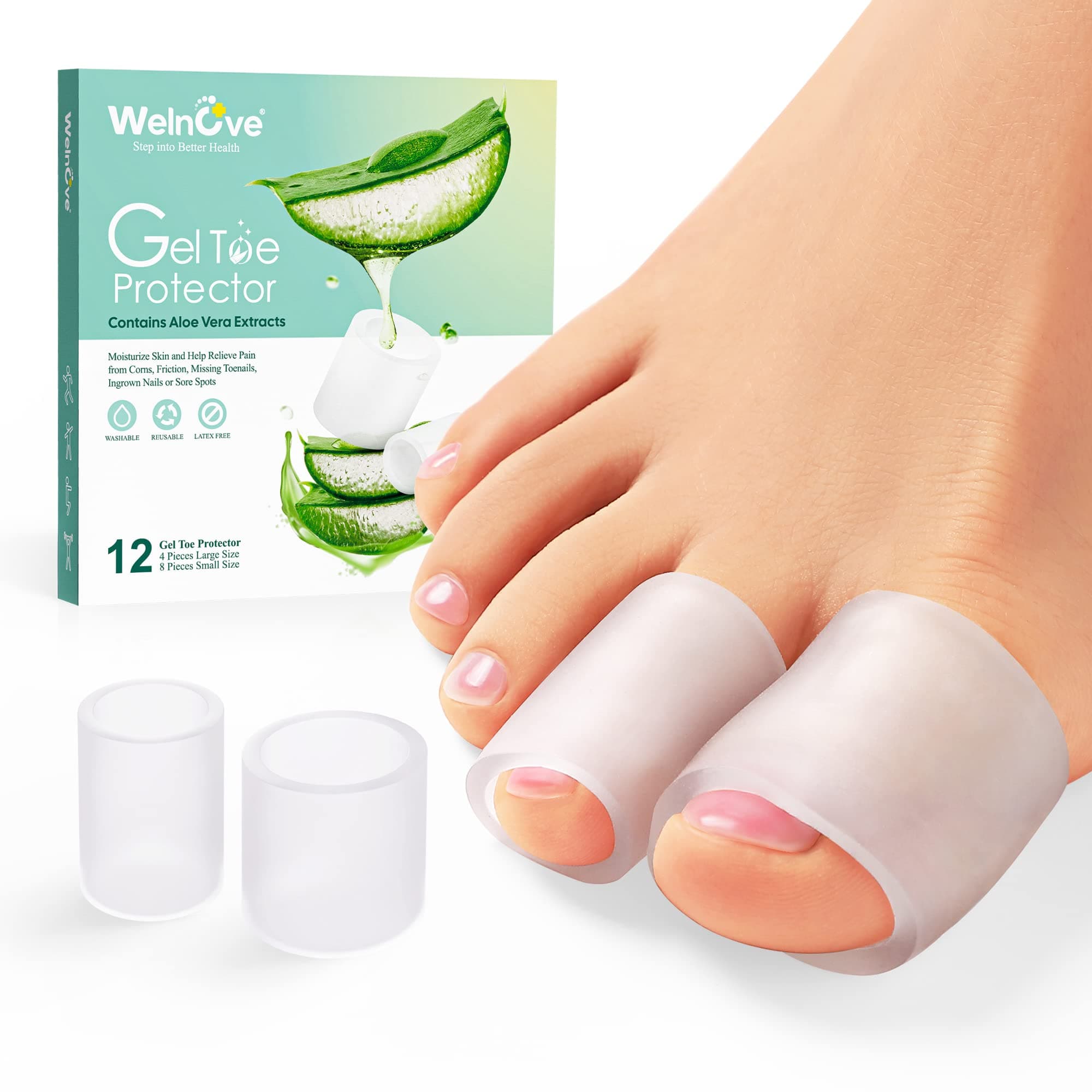 Toe Protectors – 12-Pack Aloe Vera Infused Silicone Toe Sleeve Toe Covers for Corns, Calluses – Gel Protector Toe Cushions for Pain Relief (Clear)