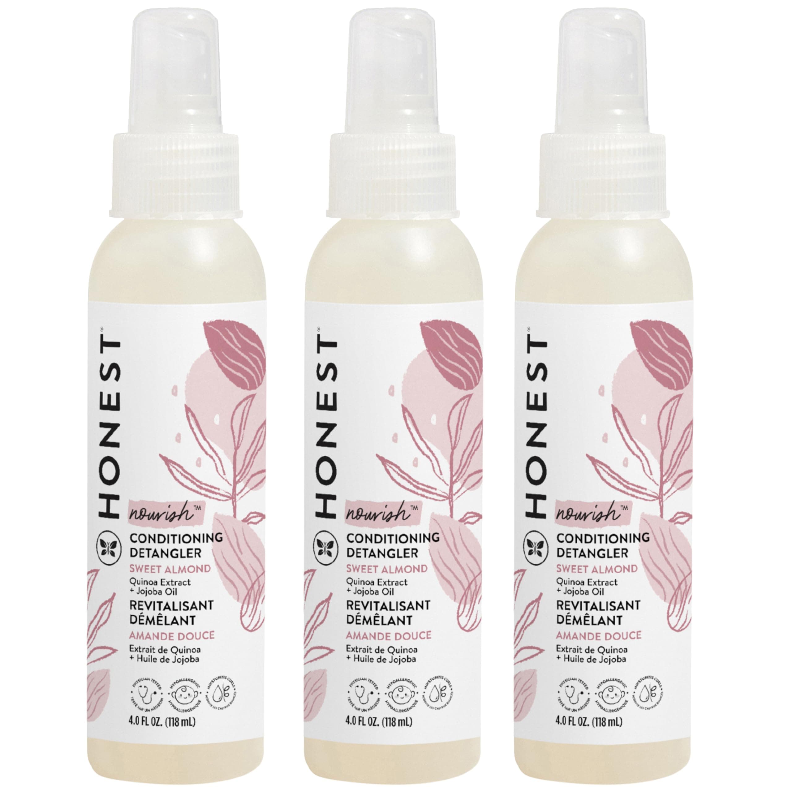The Honest Company Conditioning Hair Detangler 3-Pack Leave-in Conditioner and Fortifying Spray Tear Free Cruelty-Free Hypoallergenic Almond Nourishing 4 fl oz each pack of 3