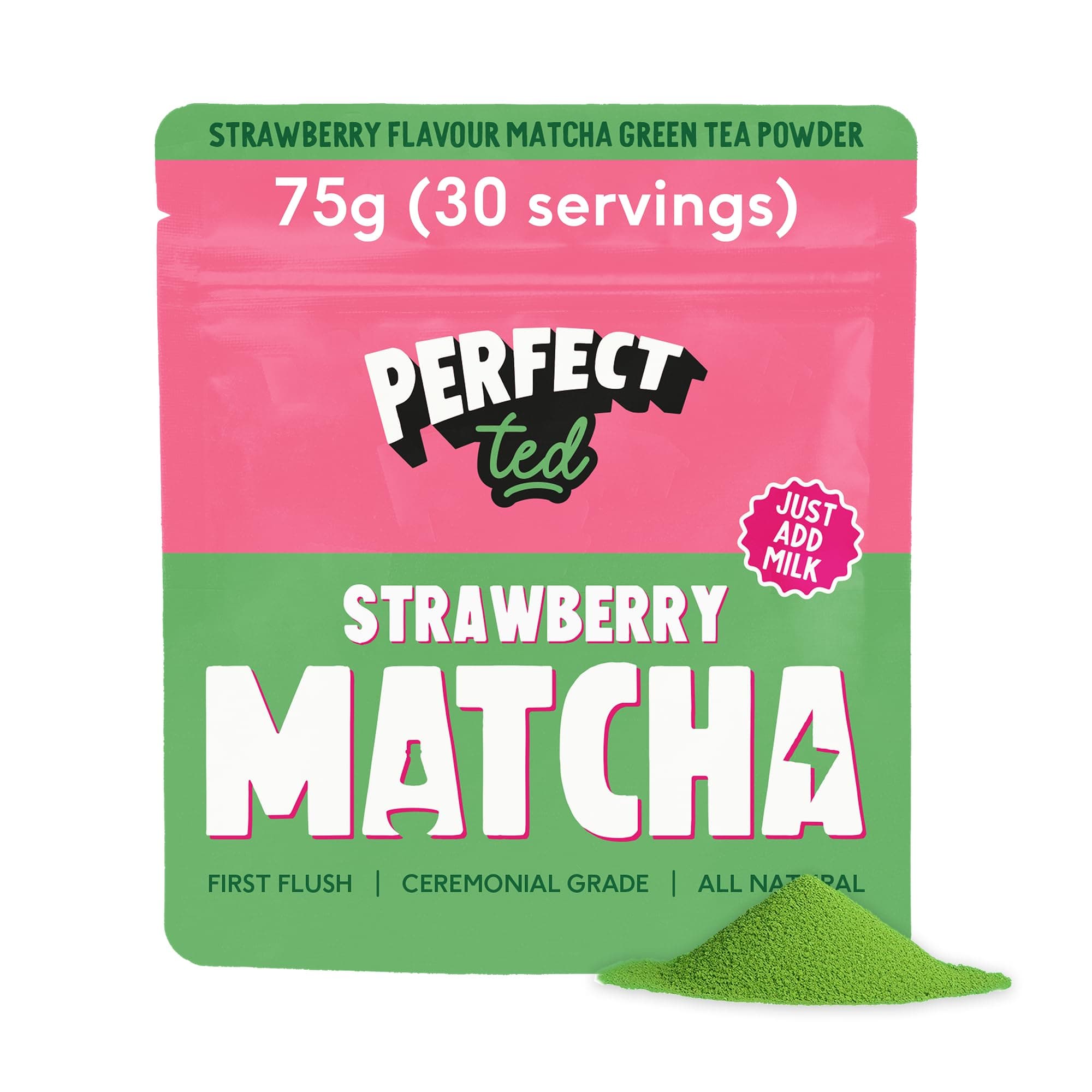 PerfectTed Berry Matcha Powder, Ceremonial Grade Japanese, Perfect for Lattes, Smoothies & Baking | with L-Theanine | Natural Flavour | Antioxidants | Vegan (75g, Strawberry)