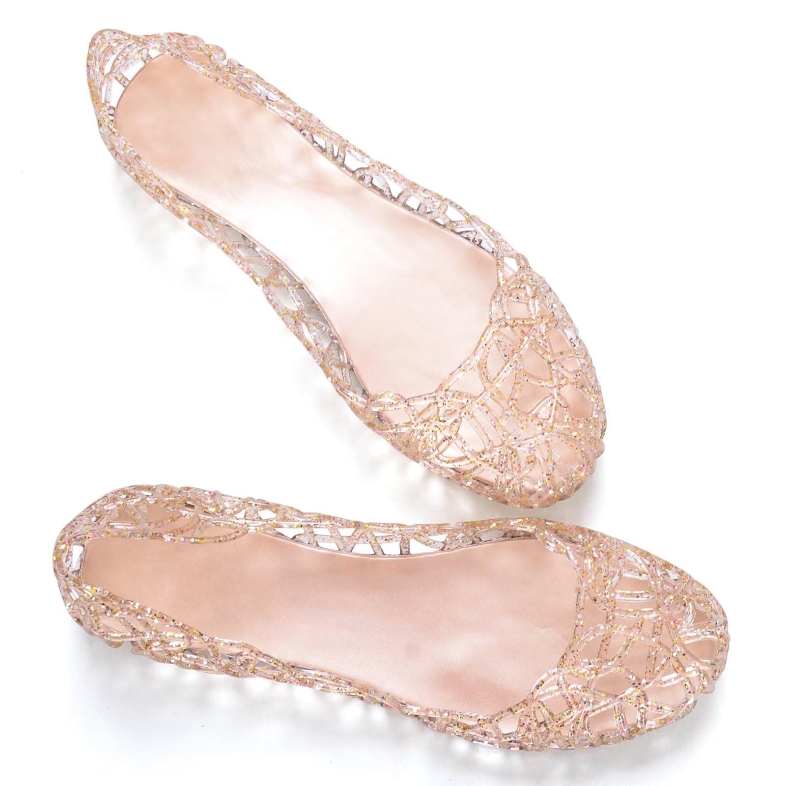 Women's Beach Jelly Shoes Slip On Crystal Summer Soft Hollow Ballet Flats