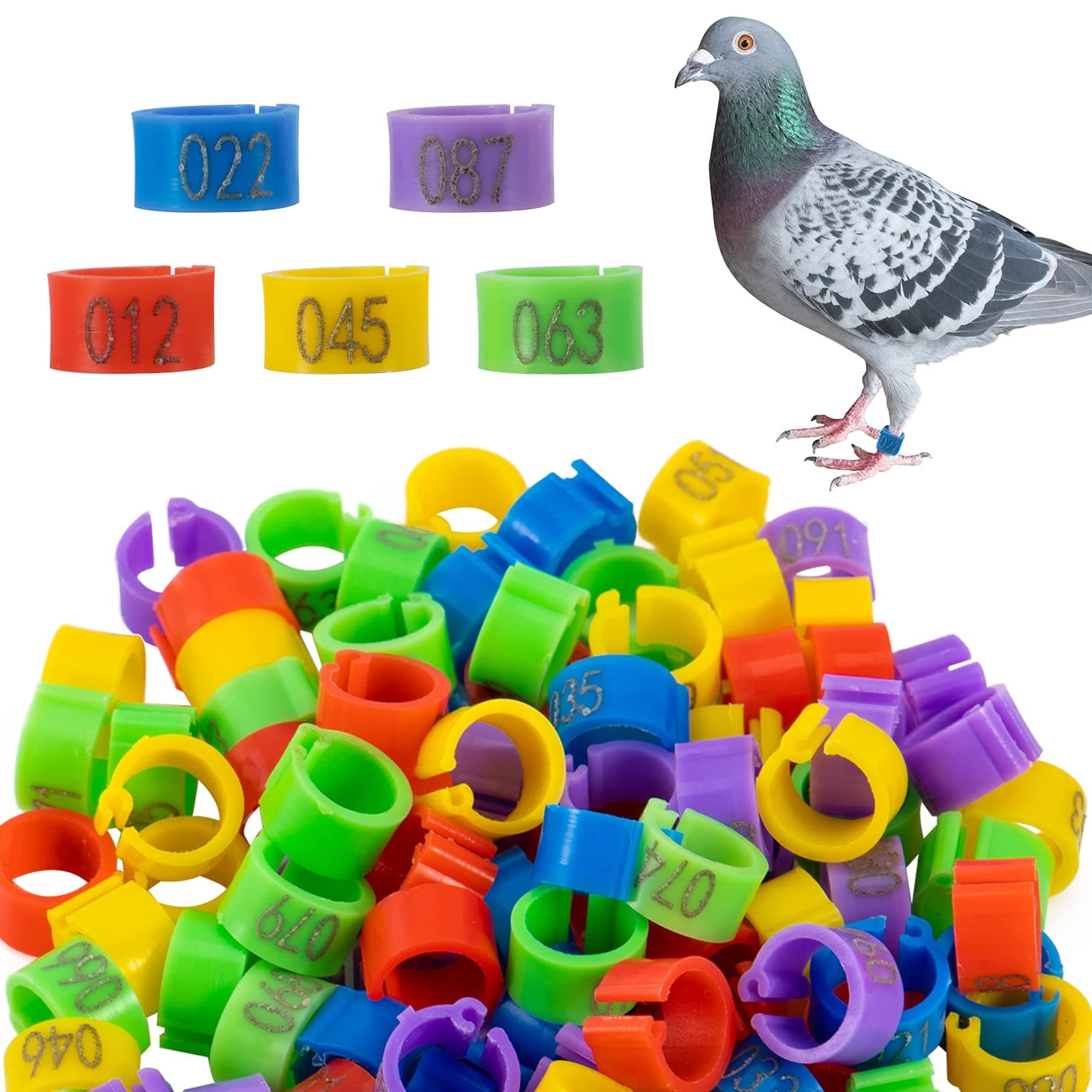 MEWTOGO 8mm 100 Pcs Bird Pigeons Leg Bands - Colorful Readable Numbered Bird Identification Leg Rings, Durable Poultry Leg Bands Clip on Leg Rings for Bantam Finch Dove Lovebird Coturnix Quail