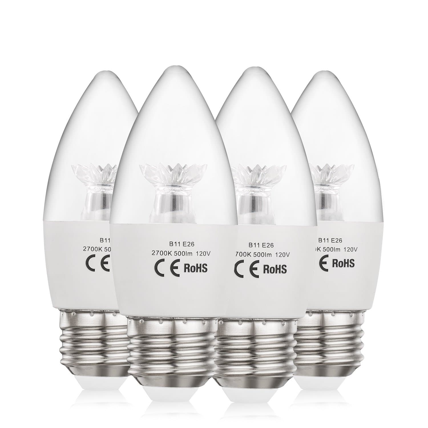 AED Lighting Candelabra LED Bulbs, 50-Watt Incandescent Bulb Equivalent, E26 Base Chandelier Bulb Warm White 2700K 4pack
