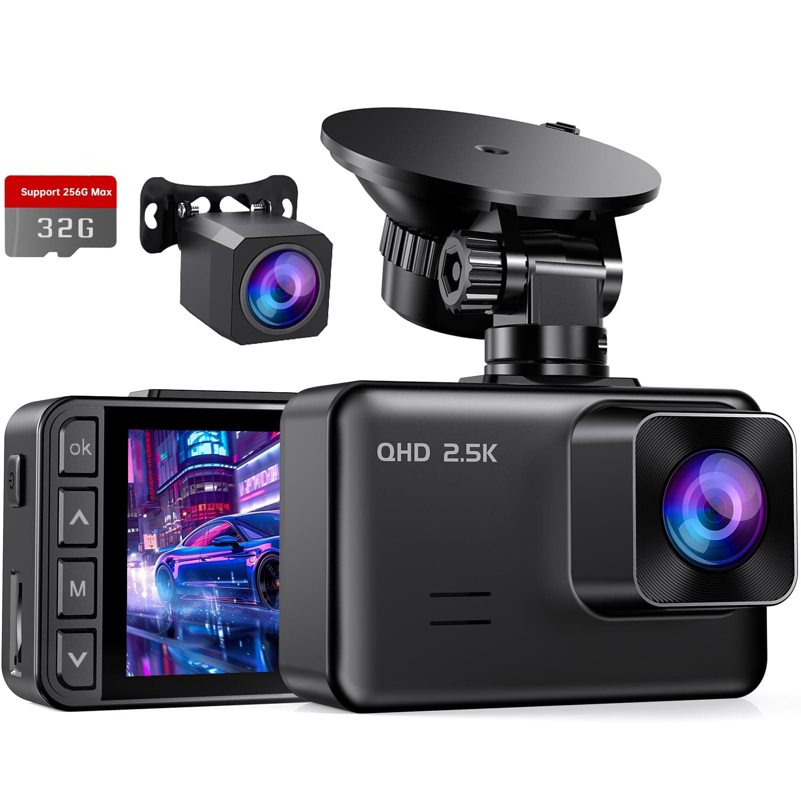 Dash Cam Front and Rear, 2’’ IPS Display Mini Car Camera, 2.5K+1080P Full HD Dashcams for Cars with G-Sensor, 170°Wide Angle, 24H Parking Mode, Loop Recording, Night Vision, 32GB Card Included