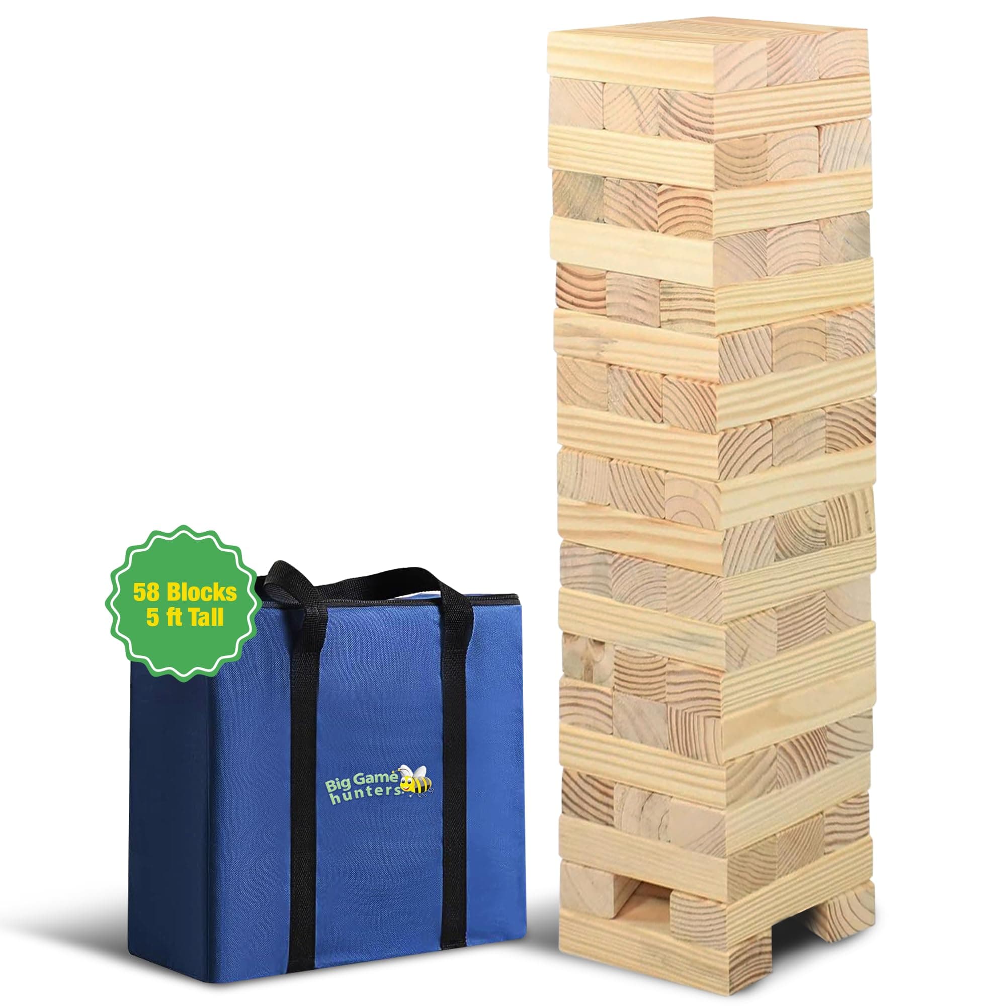 Big Game Hunters Giant Tumble Towers, 58 Piece Wooden Block Game, 5 ft. Tall Stacking Backyard Indoor Outdoor Game for Kids Adults Family, Jumbo Splinter Resistant Blocks - Carry Bag Included