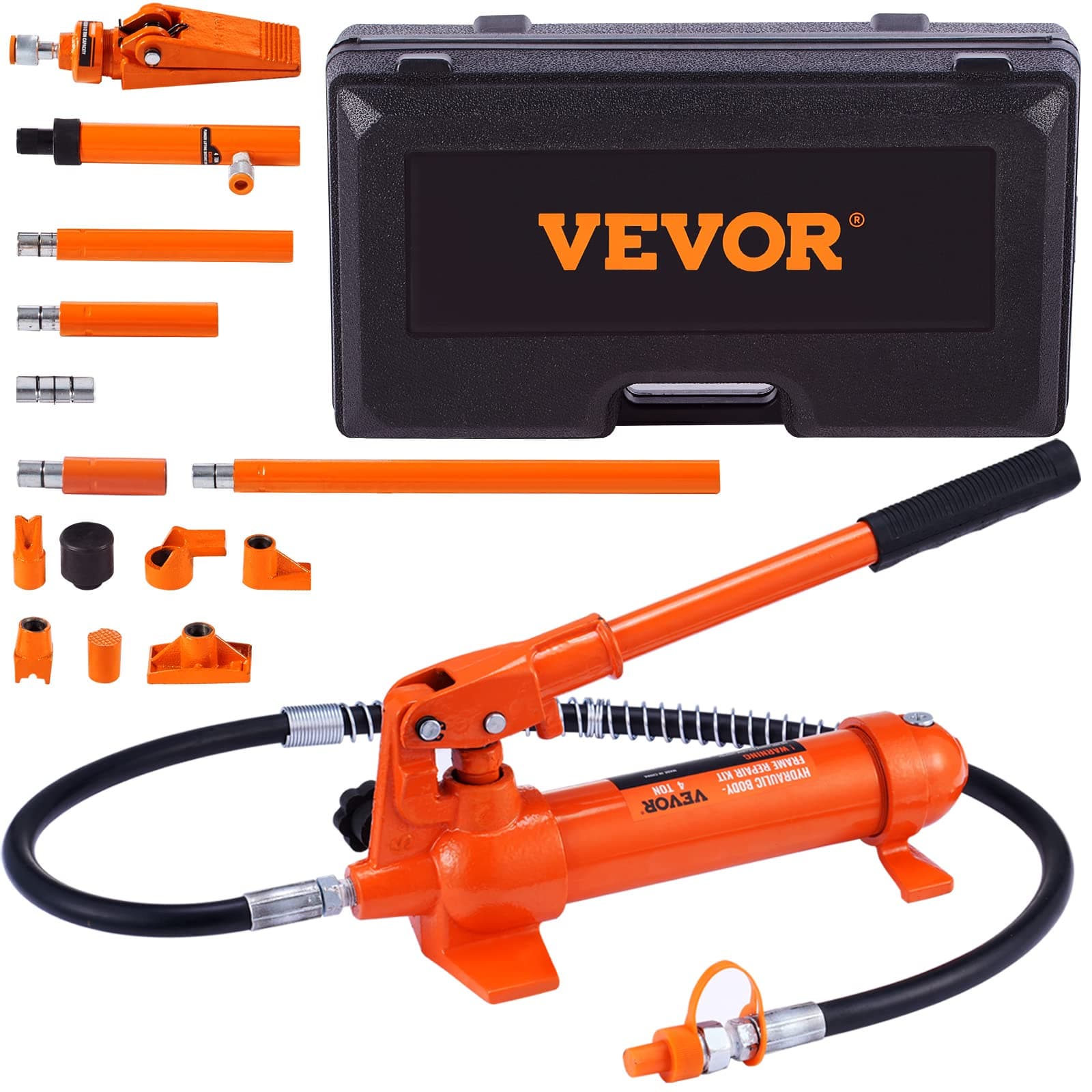 – VEVOR 4 Ton Porta Power Kit, Portable Hydraulic Jack with 3.9 ft/1.2 m Oil Hose, Auto Body Frame Repair Kit with Storage Case for Car Repair, Truck, Farm (8800 LBS)