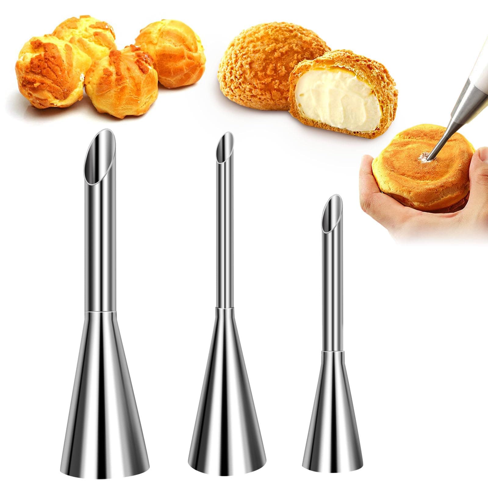 Suuker Cream Piping Tips, Stainless Steel Long Cream Puff Nozzle Decor Small Pastry Icing Piping Decorating Tools (3 Pieces)