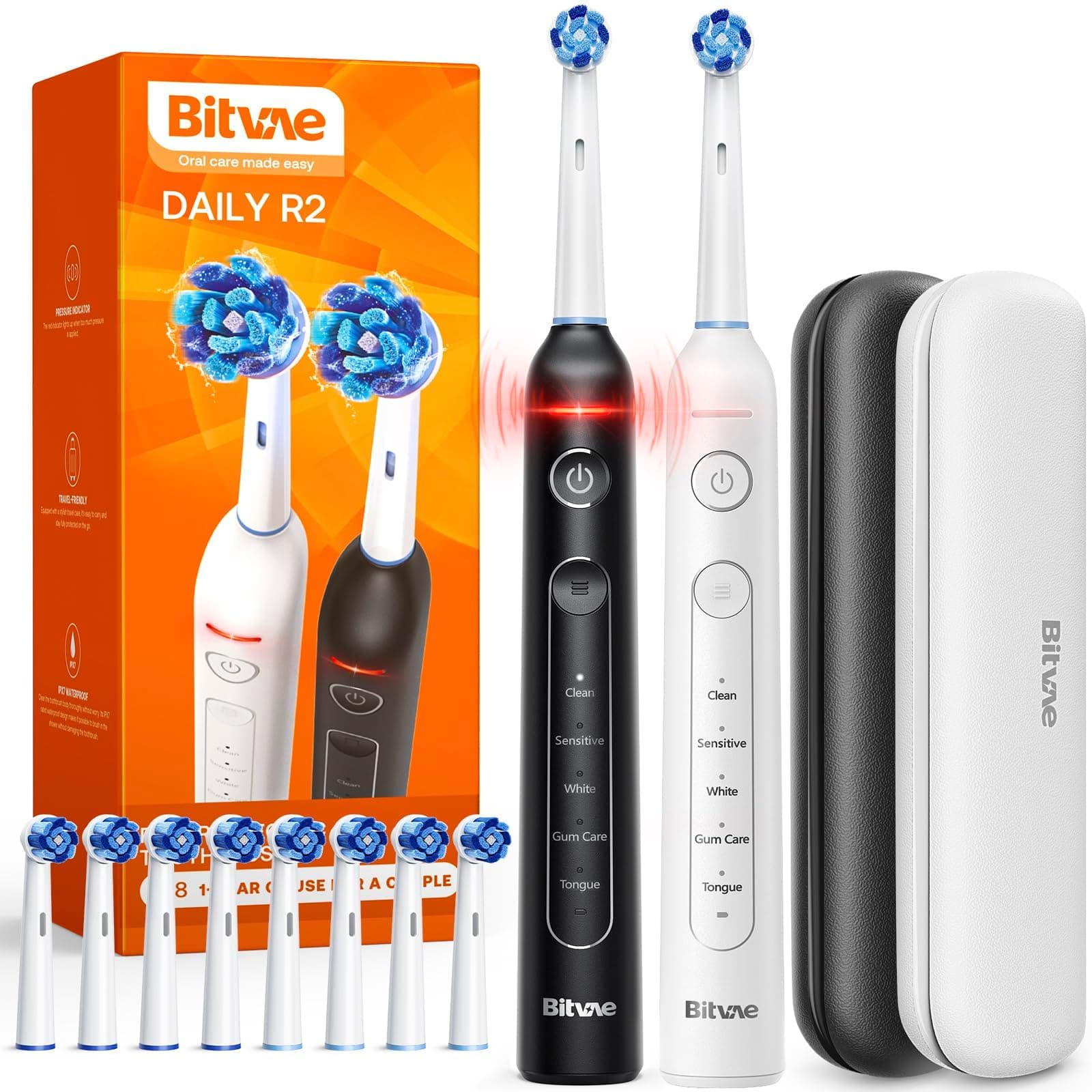 Bitvae Rotating Electric Toothbrush 2 Packs for Adults with Pressure Sensor, Gifts for Men/Women, 5 Modes Rechargeable Power Toothbrush with 8 Brush Heads, Black & White, R2