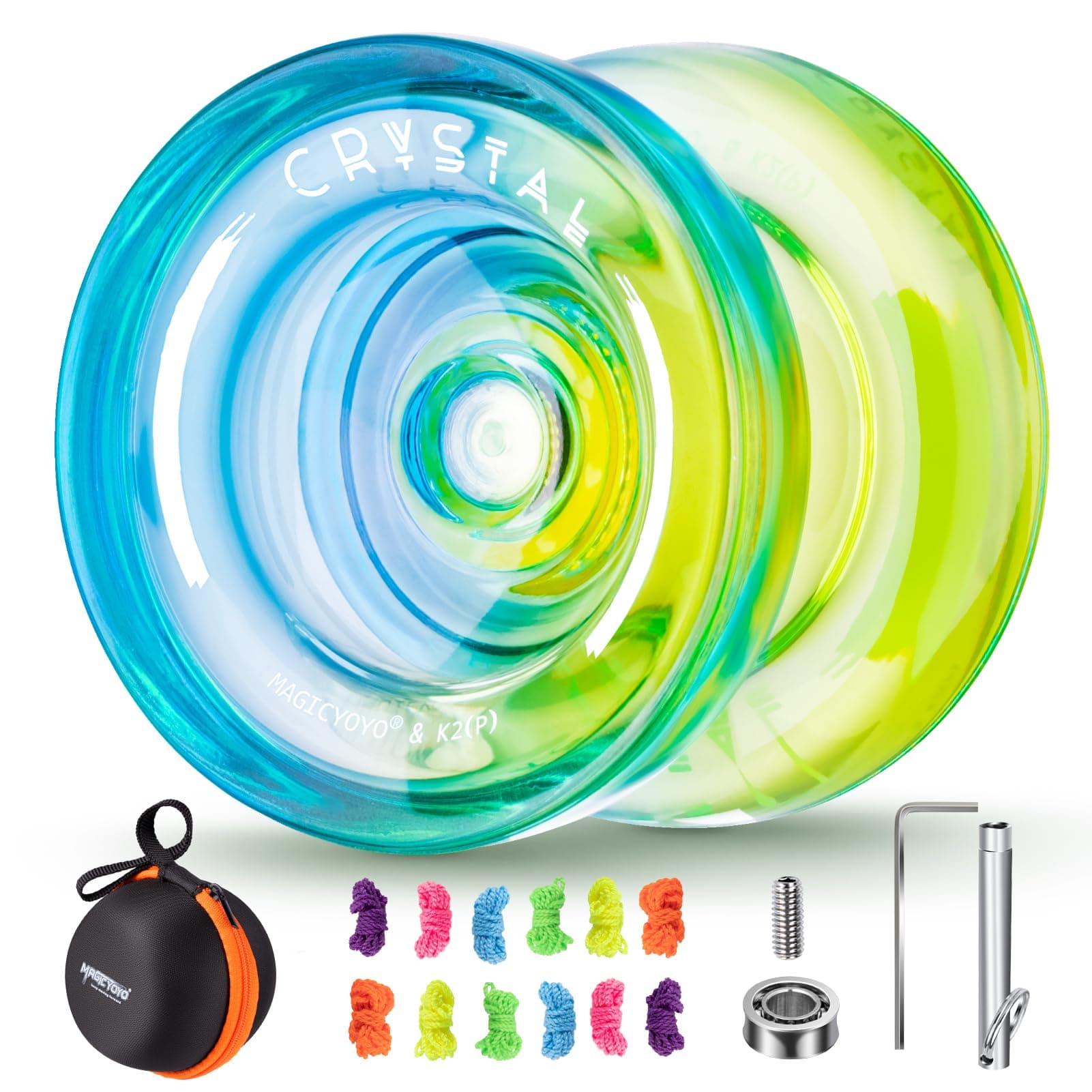 MAGICYOYO Crystal Yoyo K2 Blue Yellow, Responsive for Kids Beginners, Dual Purpose Professional Trick Yoyo, Plastic with Unresponsive Bearing Kit + 12 Strings Yo-yo Case