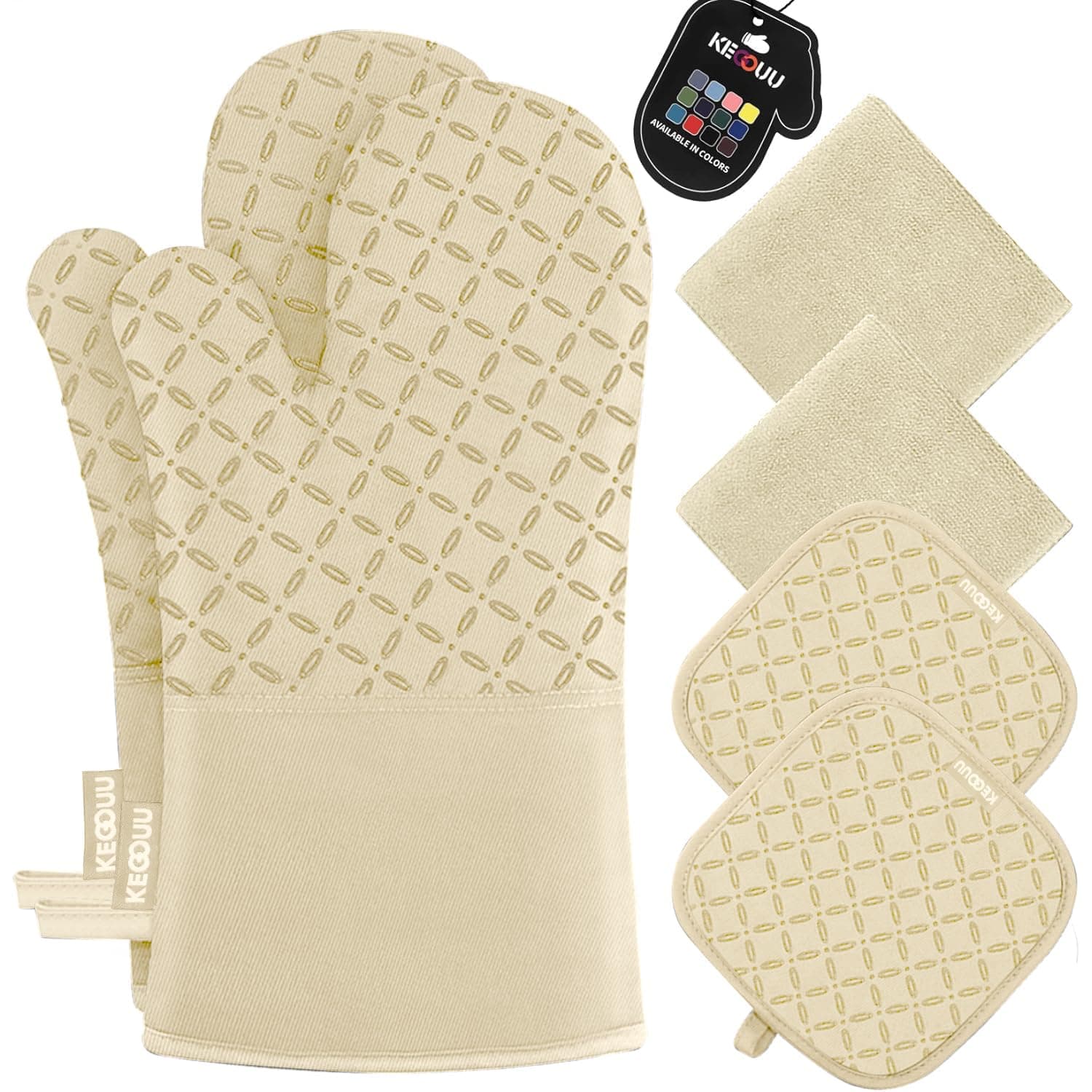 KEGOUU Oven Mitts and Pot Holders 6pcs Set, Kitchen Oven Glove High Heat Resistant 500 Degree Extra Long Oven Mitts and Potholder with Non-Slip Silicone Surface for Cooking (Beige)