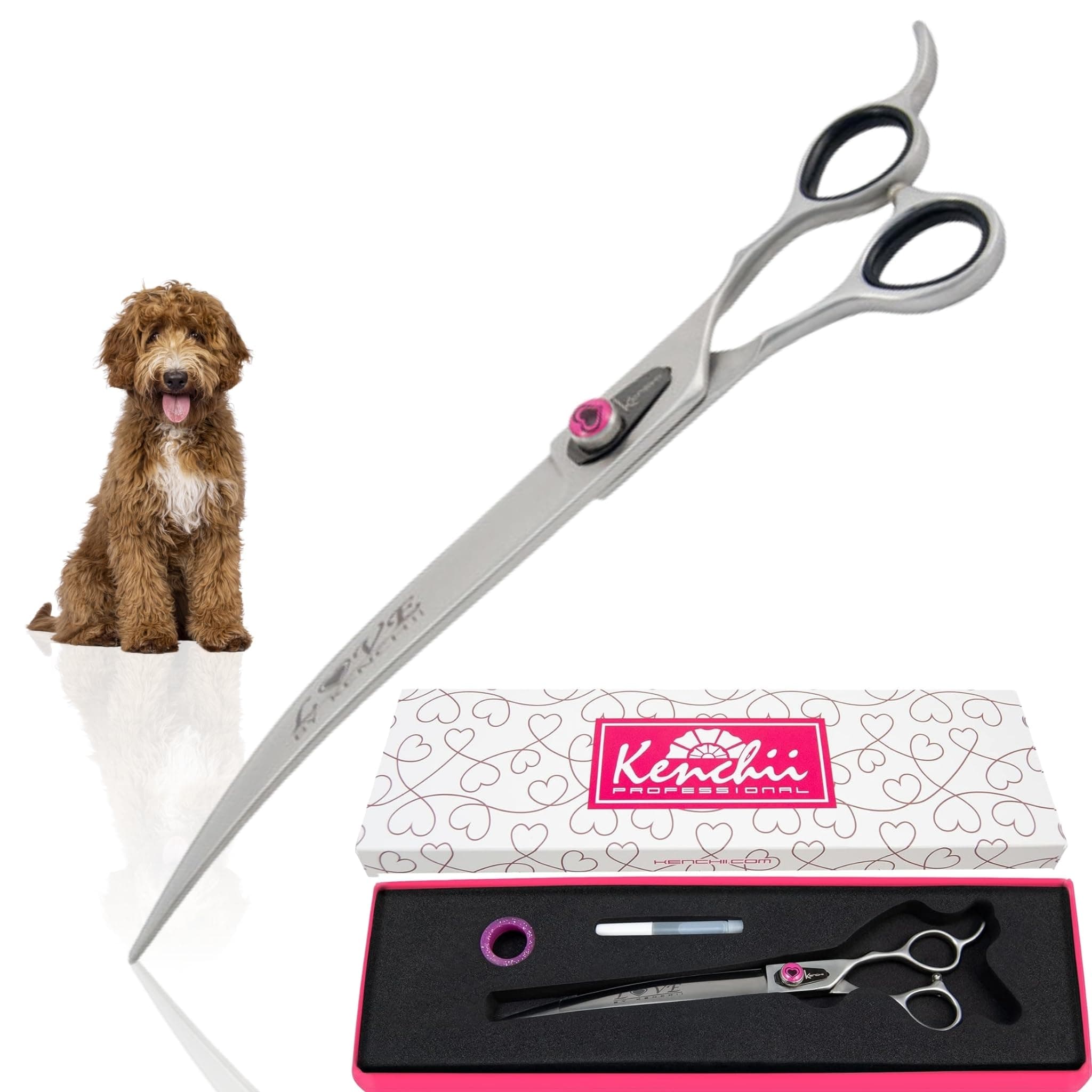 Kenchii Love Dog Grooming Scissor, Dog Scissors for Grooming, Professional Pet Grooming Scissors, Ergonomic & Comfortable (9.0" Curved)