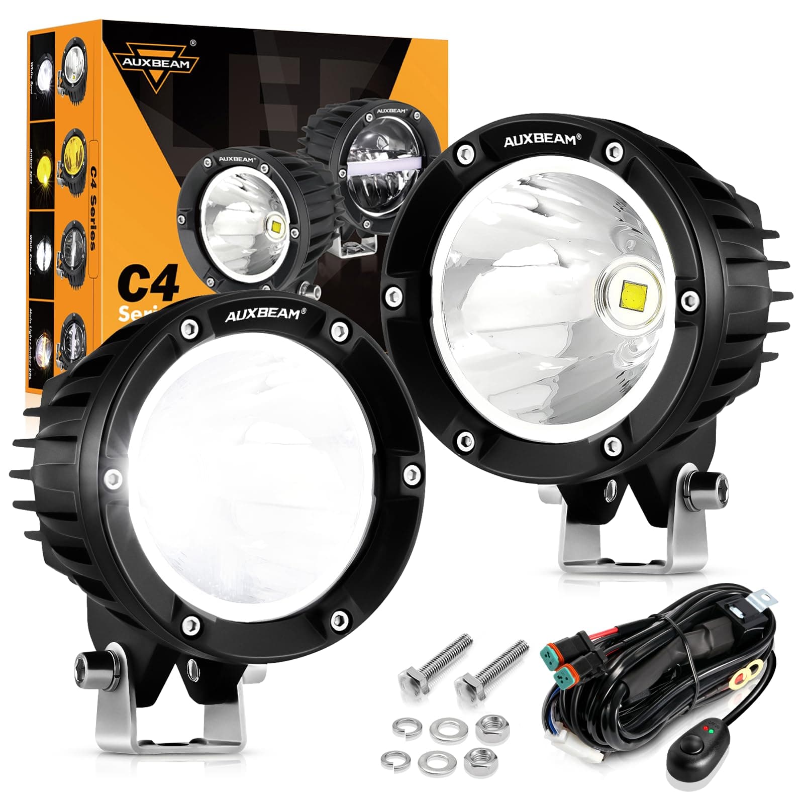 Auxbeam 4 Inch 72W Round Offroad Lights, 2PCS 7200LM LED Driving Pod Spot Lights White Beam with Wiring Harness Fit for Jeep Vehicle Truck SVU Motorcycle UTV