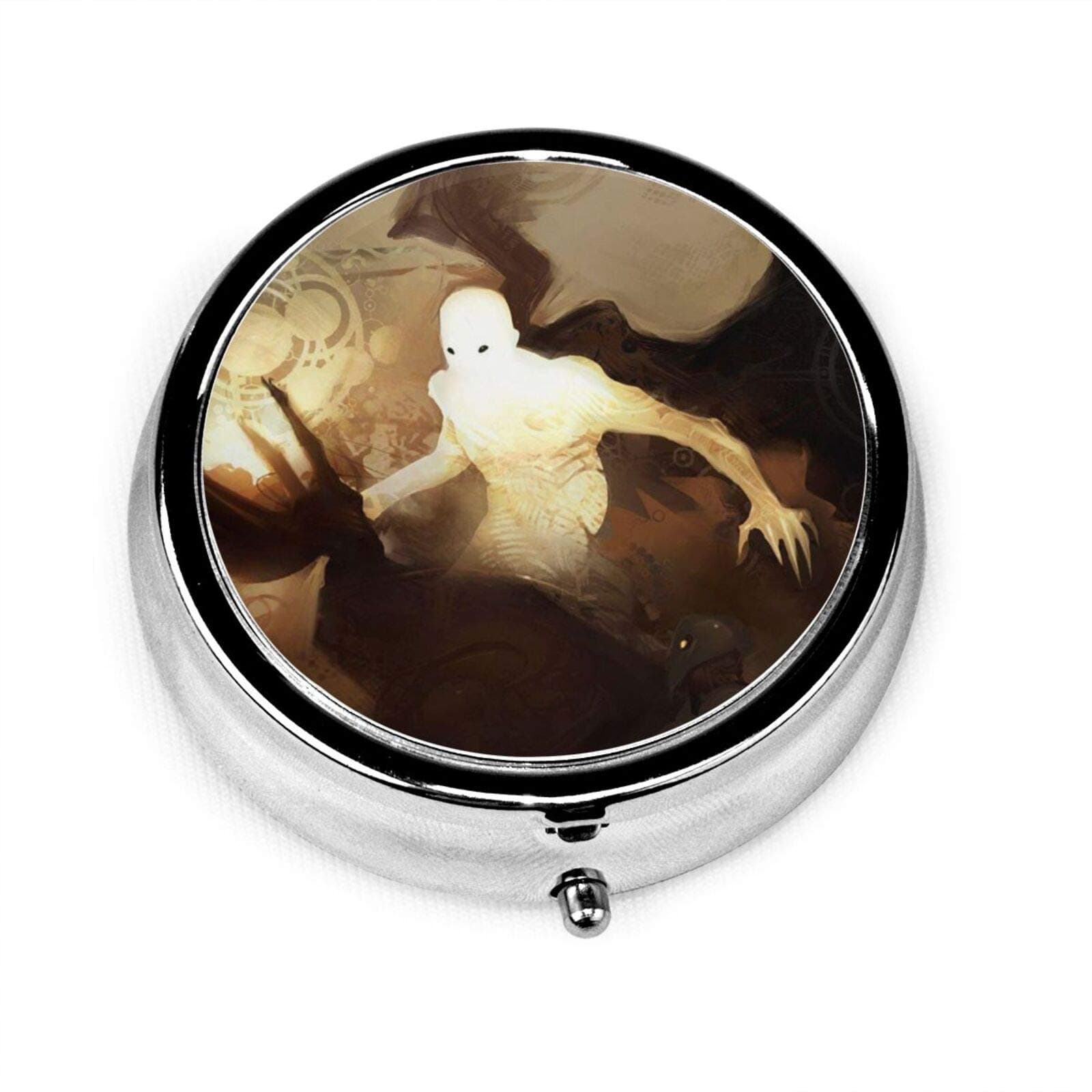 Pill Box for Travel - Small Portable Pill Case Holder with 3 Compartments - Creepy Dark Angel Classy Metal Round Cases - Use Daily to Organize Your Medicine