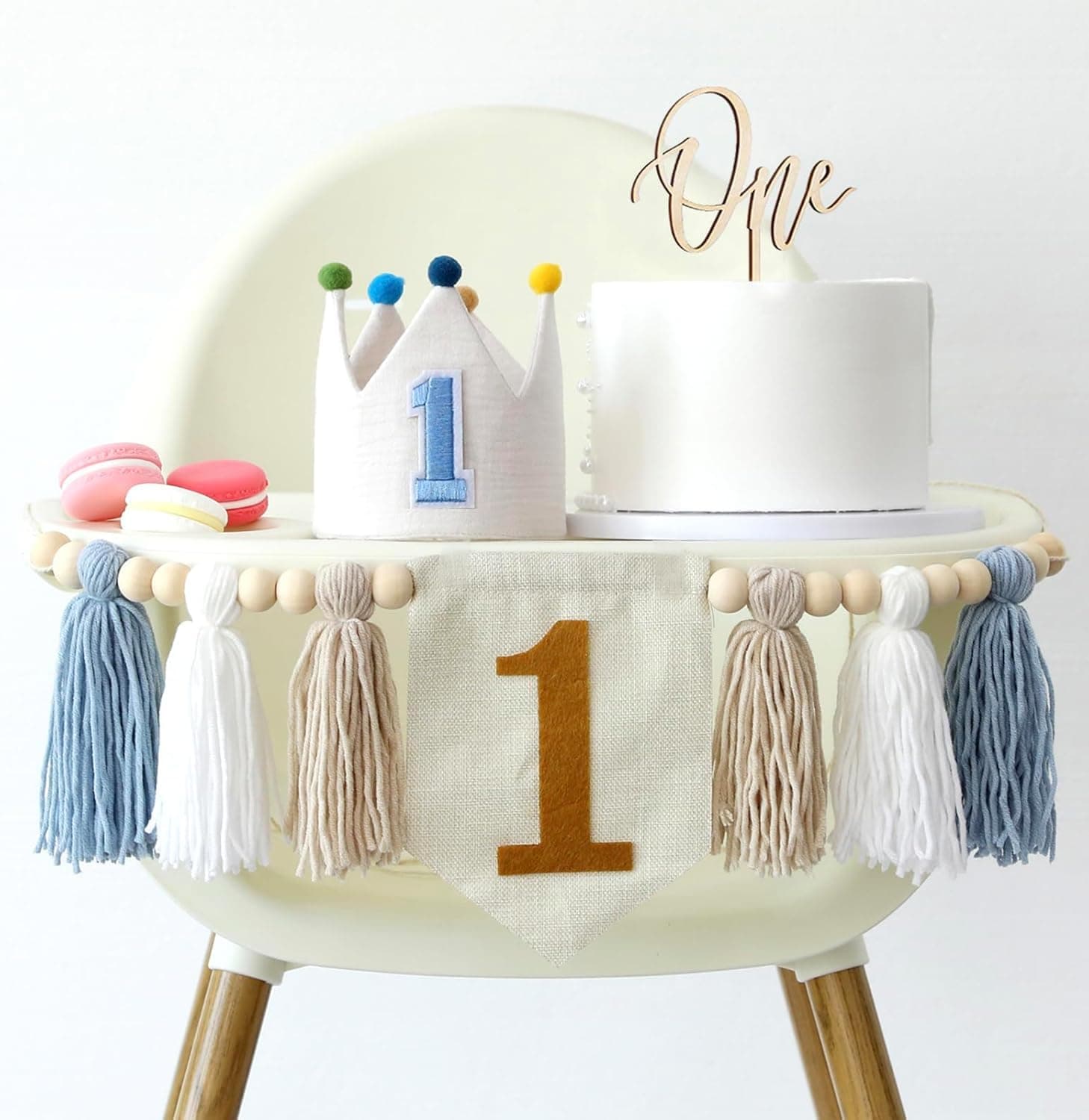 JUIIZAY Baby Boy 1st Birthday Party Decorations Blue High Chair Banner, Crown, Cake Topper