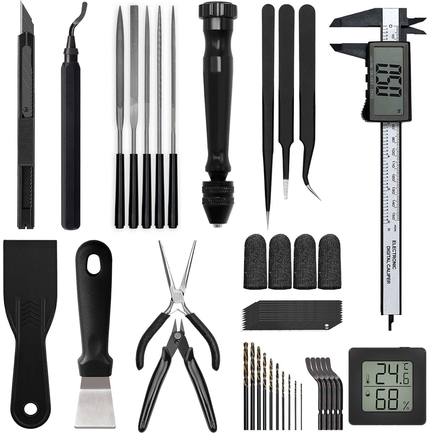 3D Printer Tool Kit Essential 3D Printer Tools for Removing, Smoothing, Finishing, Deburring, Craving, Drilling 3D Printer Accessories for Bambu Lab, Ender3-Measuring Tool Kit-Beginner