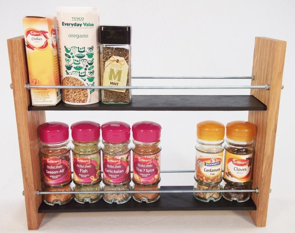 Oak Slate Design.. Spice/Herb Rack ..2 Tier, 14 Jar - Modern Contemporary Style - Deep Shelves for Larger Spice Jars, Boxes, Kilner Jars
