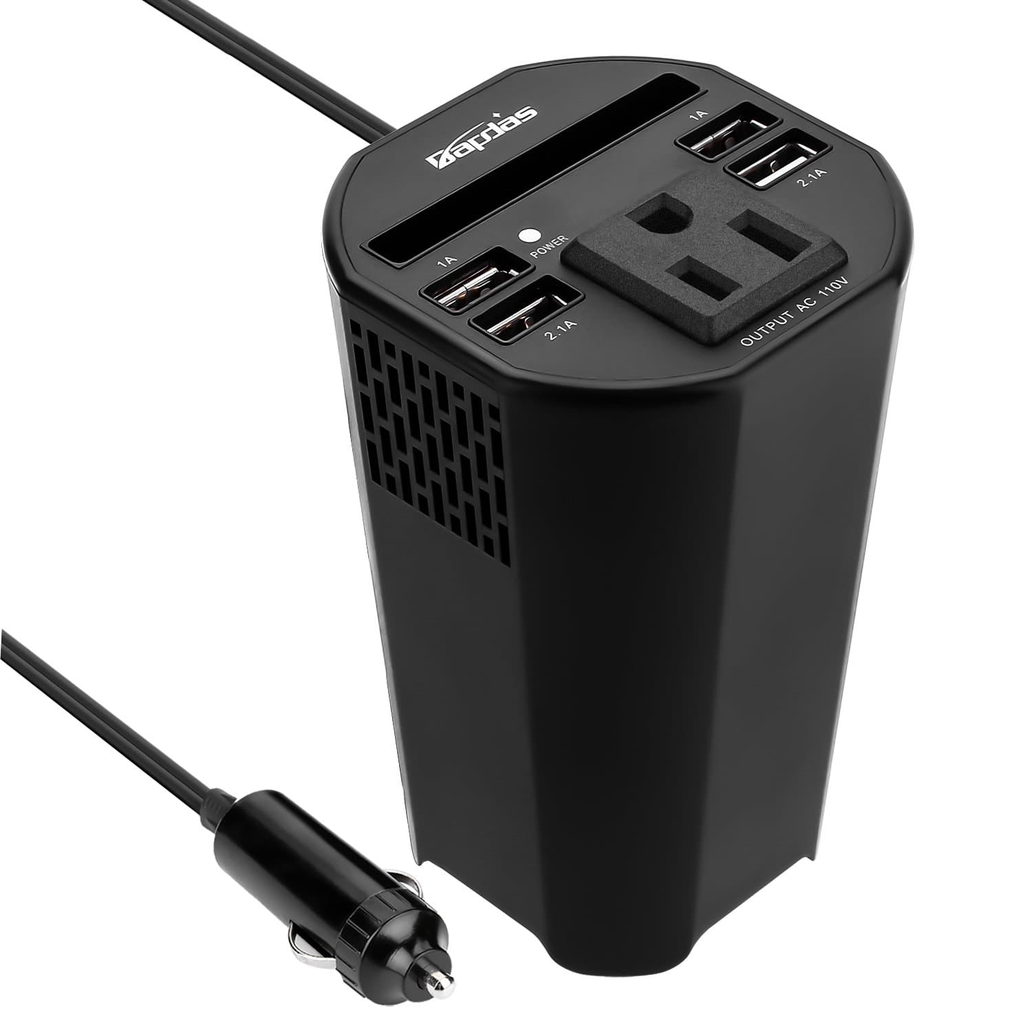 150W Car Cup Power Inverter DC 12V to 110V AC Converter with 1 AC Outlet and 4 USB Ports for Tablets, Laptops and Smartphones-Black