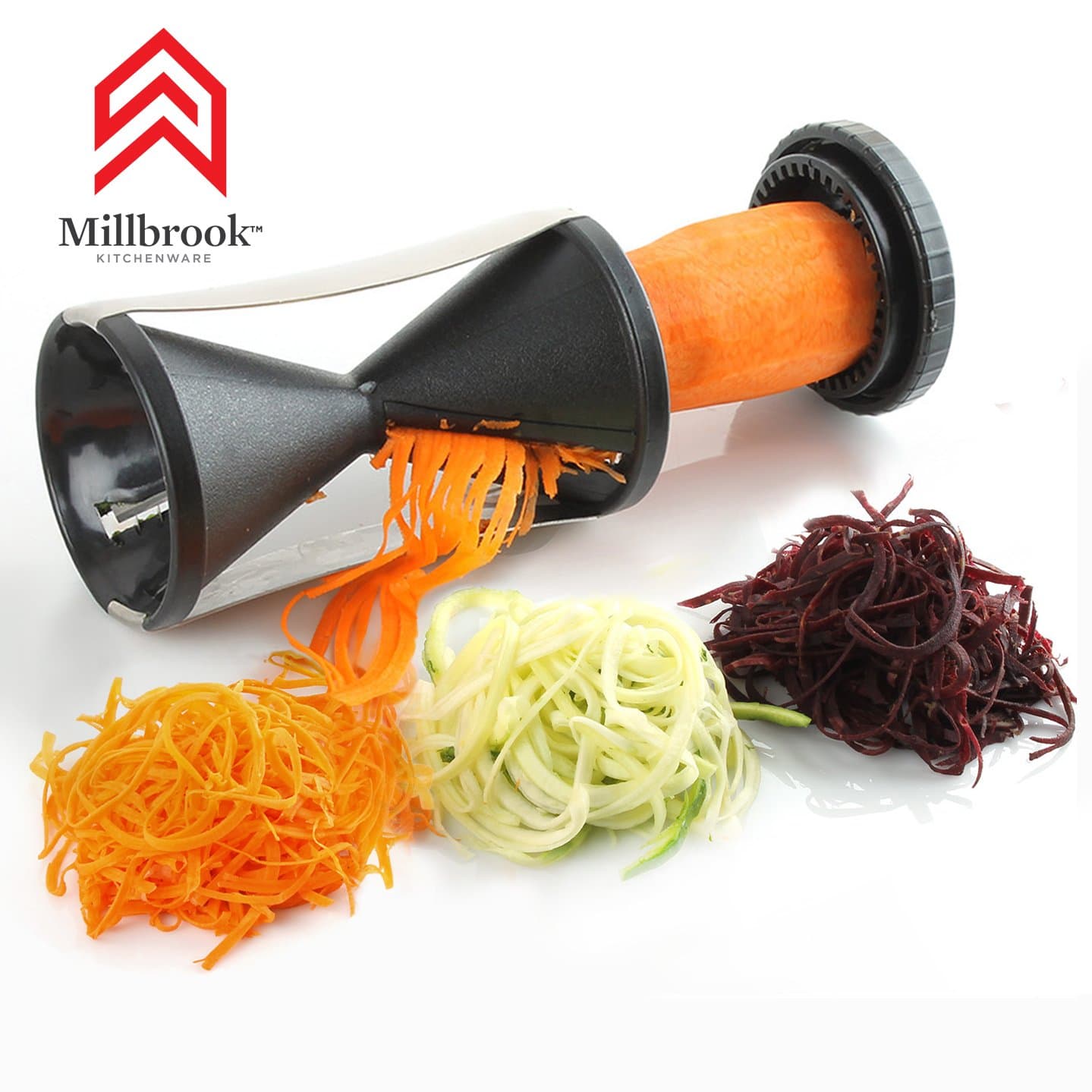 Millbrook (TM) Handheld Spiral Vegetable Slicer – Julienne Spiralizer ~ Commercial Grade ~ Has Dual Japanese Stainless Steel Blades