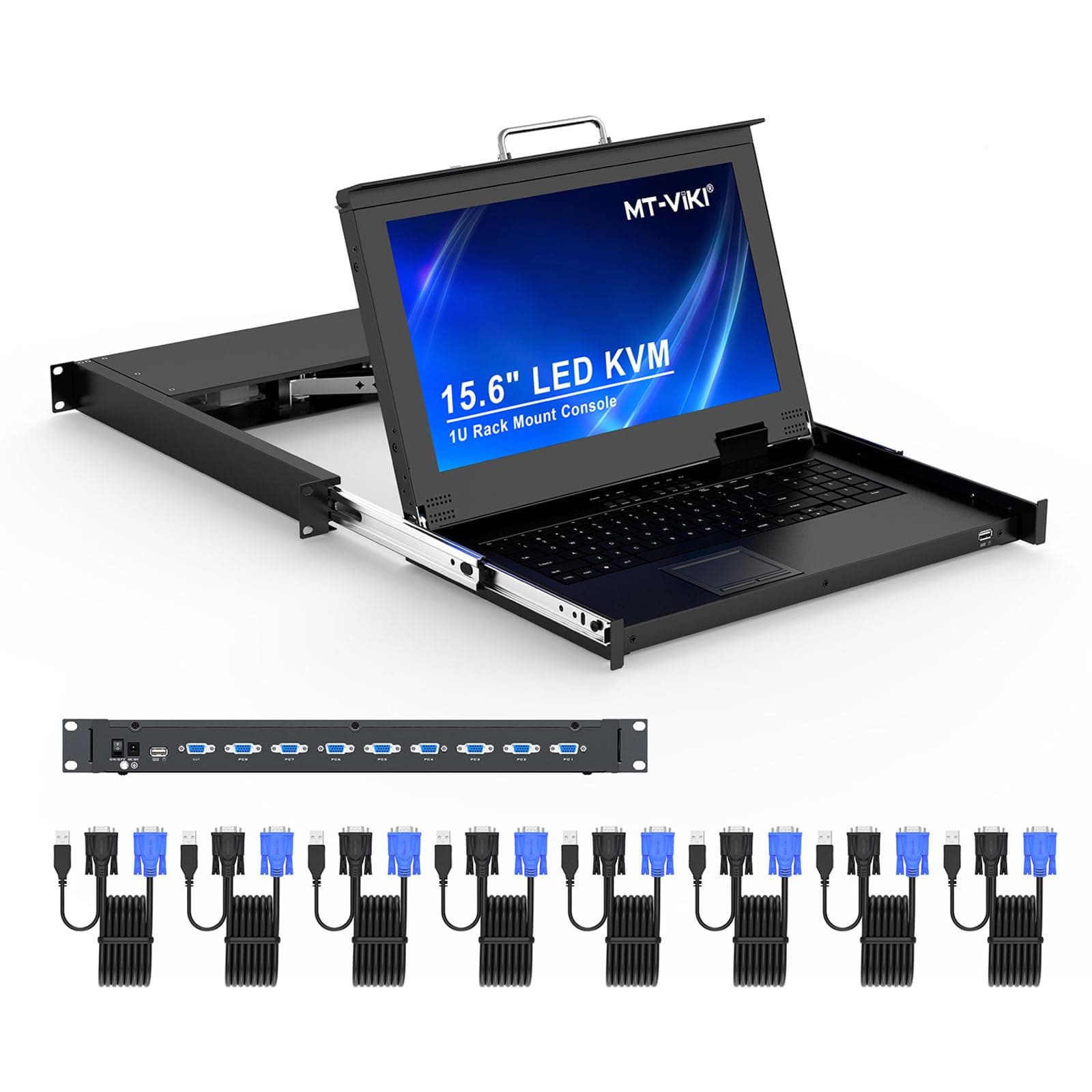 MT-VIKI Rack Mount KVM, 8 Port VGA KVM Switch w/15.6'' LCD Monitor, 1080P, Mount into 23.6-31.5'' deep Server Cabinet, Integrated Touchpad+Keyboard+8 KVM Cables