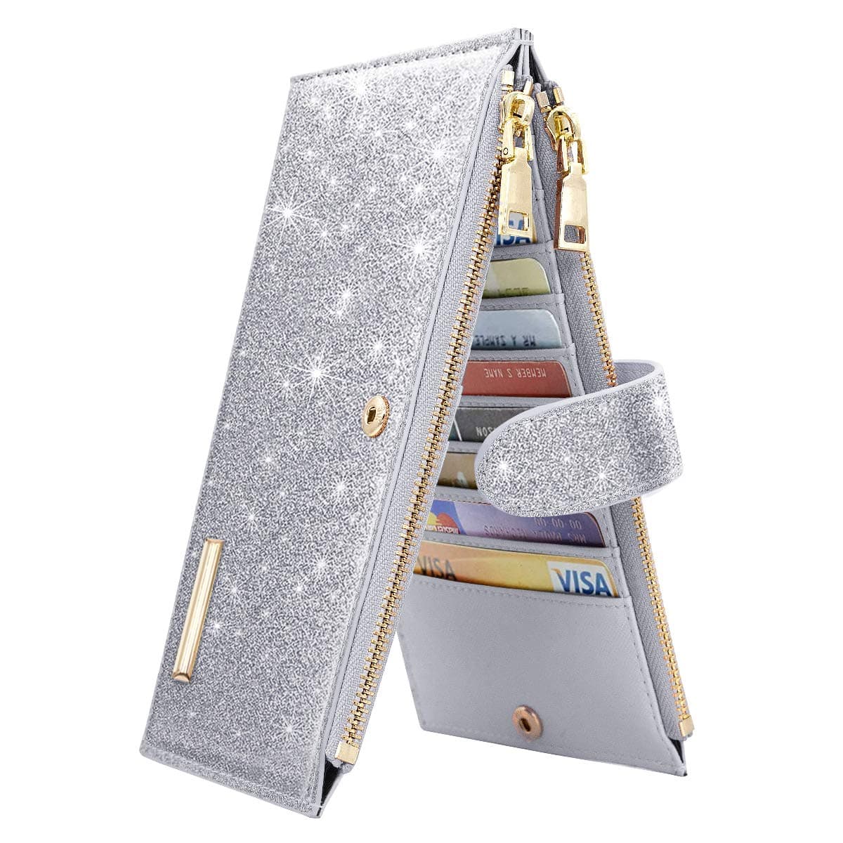 Womens RFID Blocking Glitter Wallet Multi Card Organizer Bifold Wallet for Women with Zipper Pocket,Silver