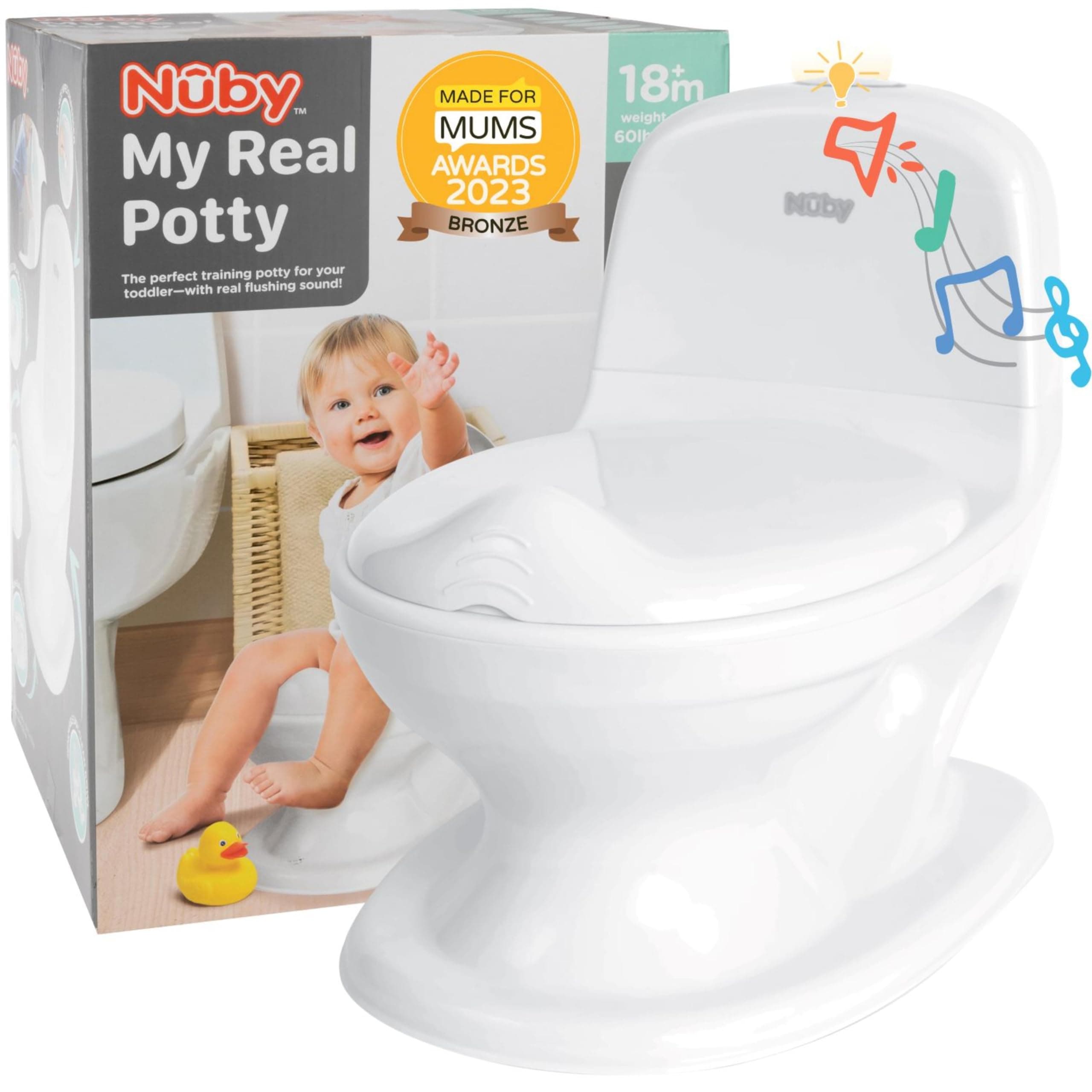 Nuby My Real Potty Training Toilet with Life-Like Flush Button & Sound for Toddlers & Kids, White