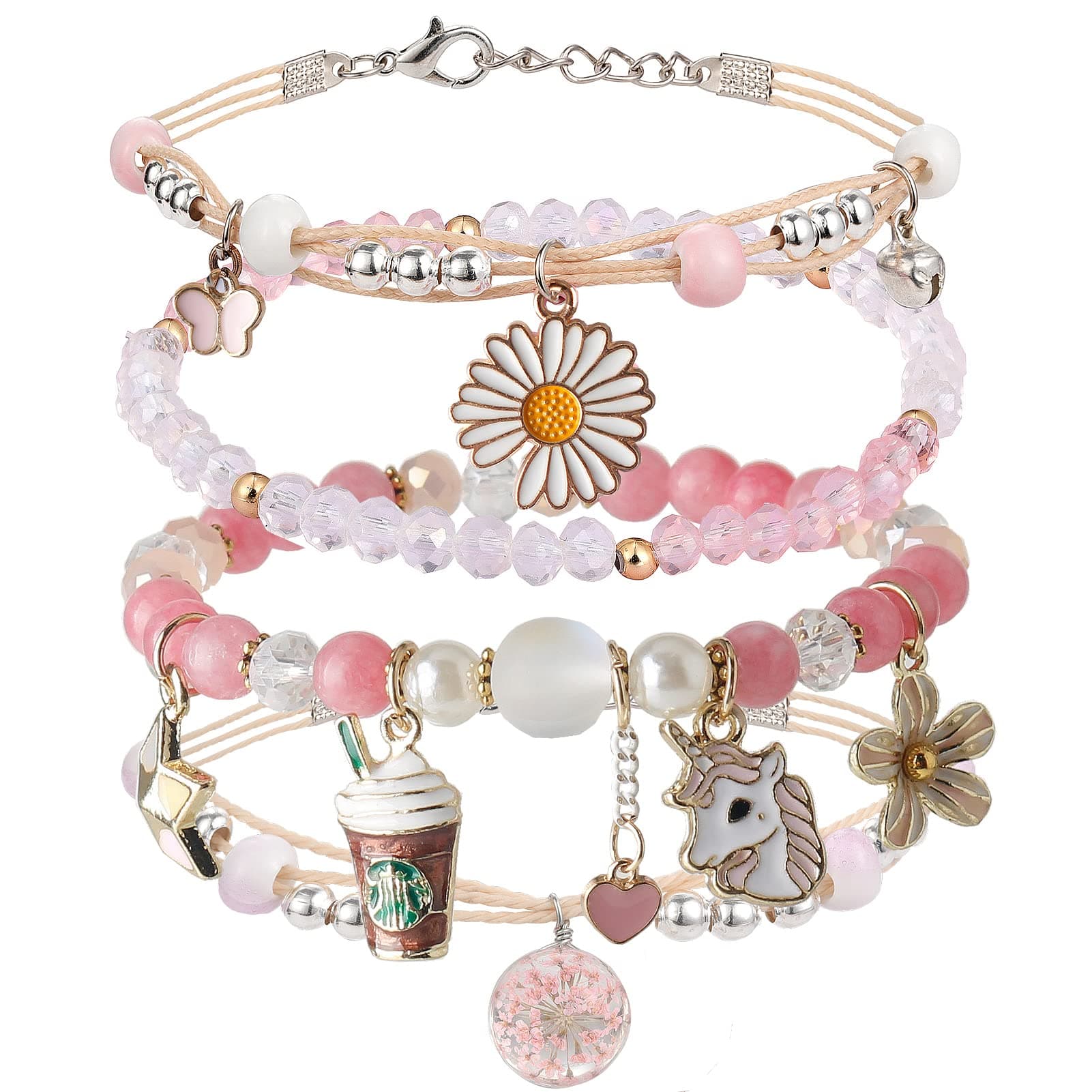 4PCS Beaded Charm Bracelets for Teen Girls Dainty cute cartoon Crystal Beads Pearl Bracelets anklets set for woman and girls Adjustable Stretch bracelet birthday Gift For Friends