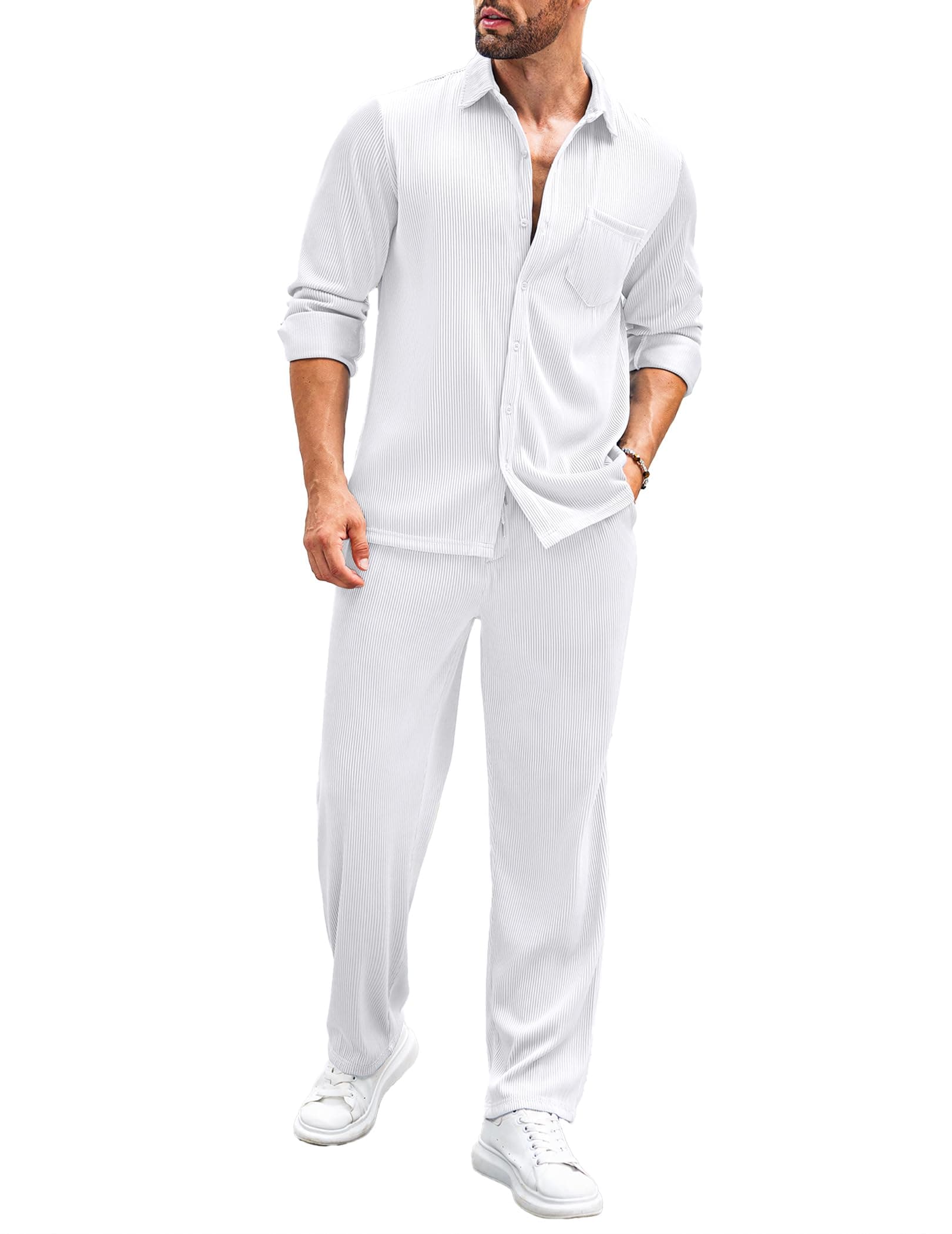 COOFANDYMen's 2 Piece Outfits Casual Long Sleeve Button Down Shirt and Pants Sets Loungewear Streetwear Walking Suits